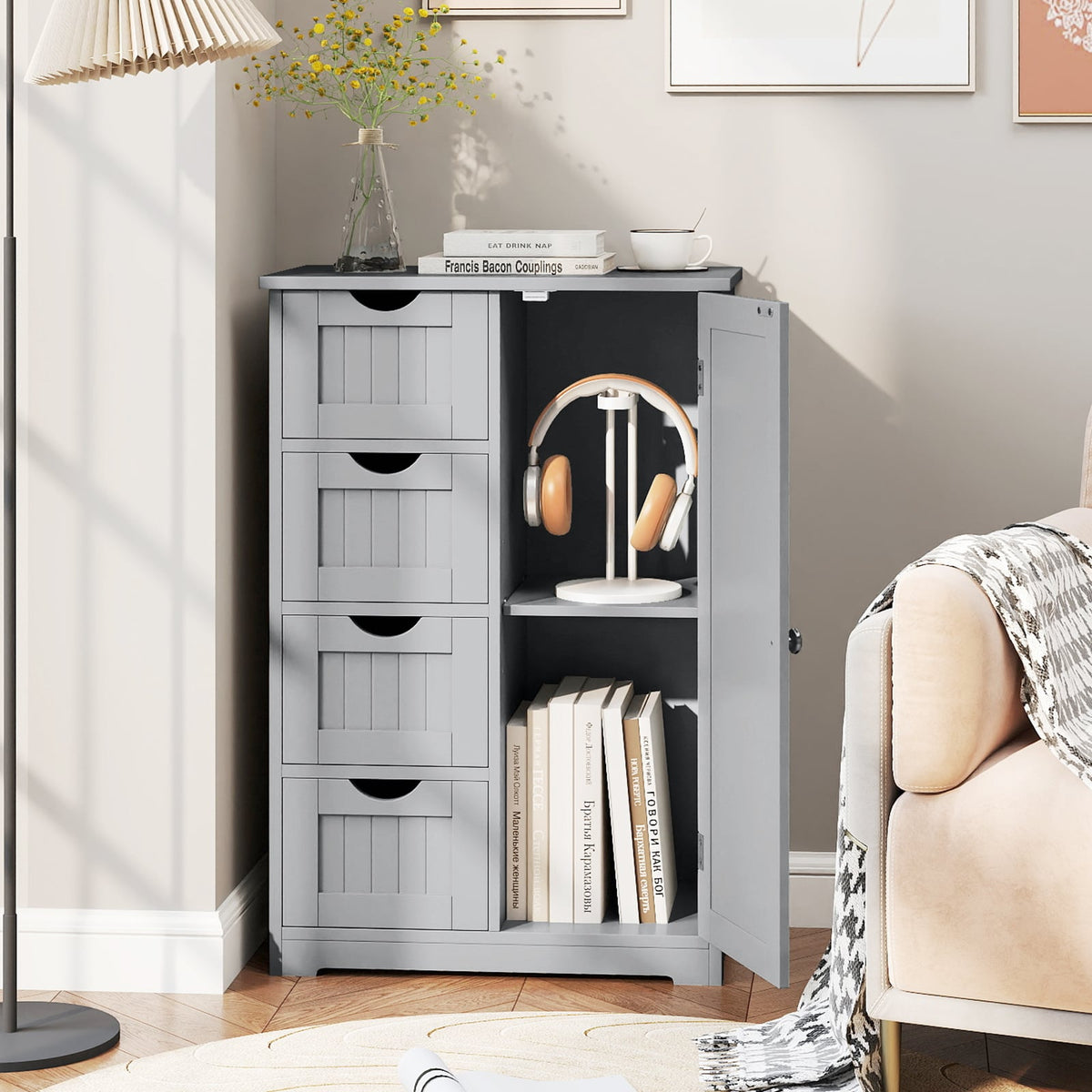 Wooden Storage Cabinet with 4 Drawers & Door - Gray 32" H-Floor Cabinets-DECOROLALA