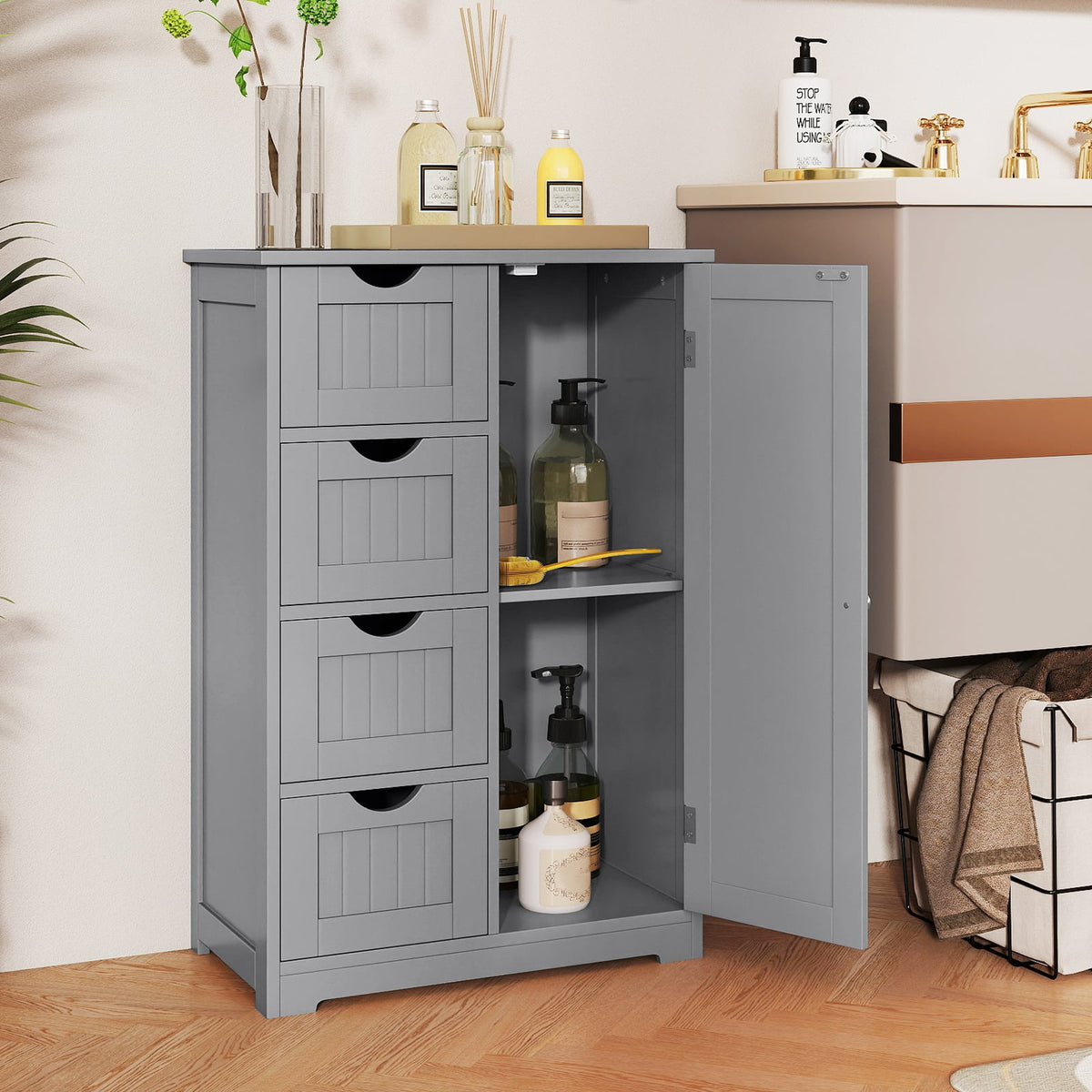 Wooden Storage Cabinet with 4 Drawers & Door - Gray 32" H-Floor Cabinets-DECOROLALA