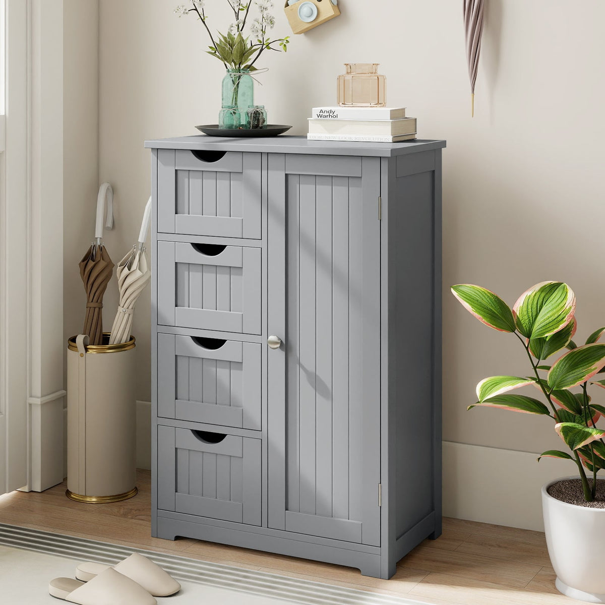 Wooden Storage Cabinet with 4 Drawers & Door - Gray 32" H-Floor Cabinets-DECOROLALA