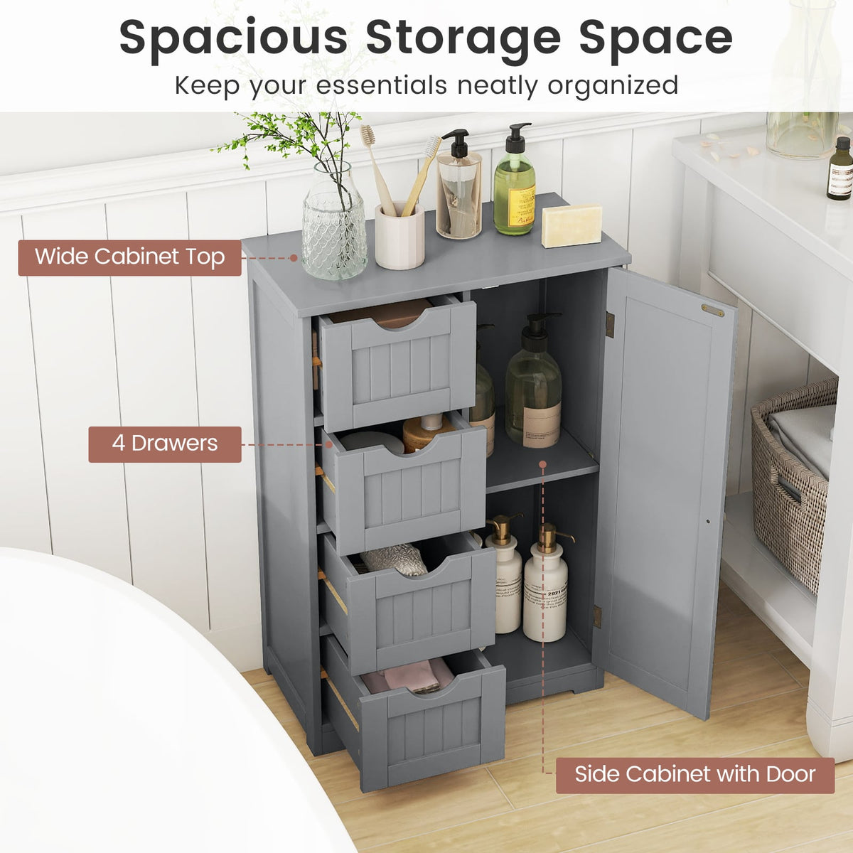 Wooden Storage Cabinet with 4 Drawers & Door - Gray 32" H-Floor Cabinets-DECOROLALA