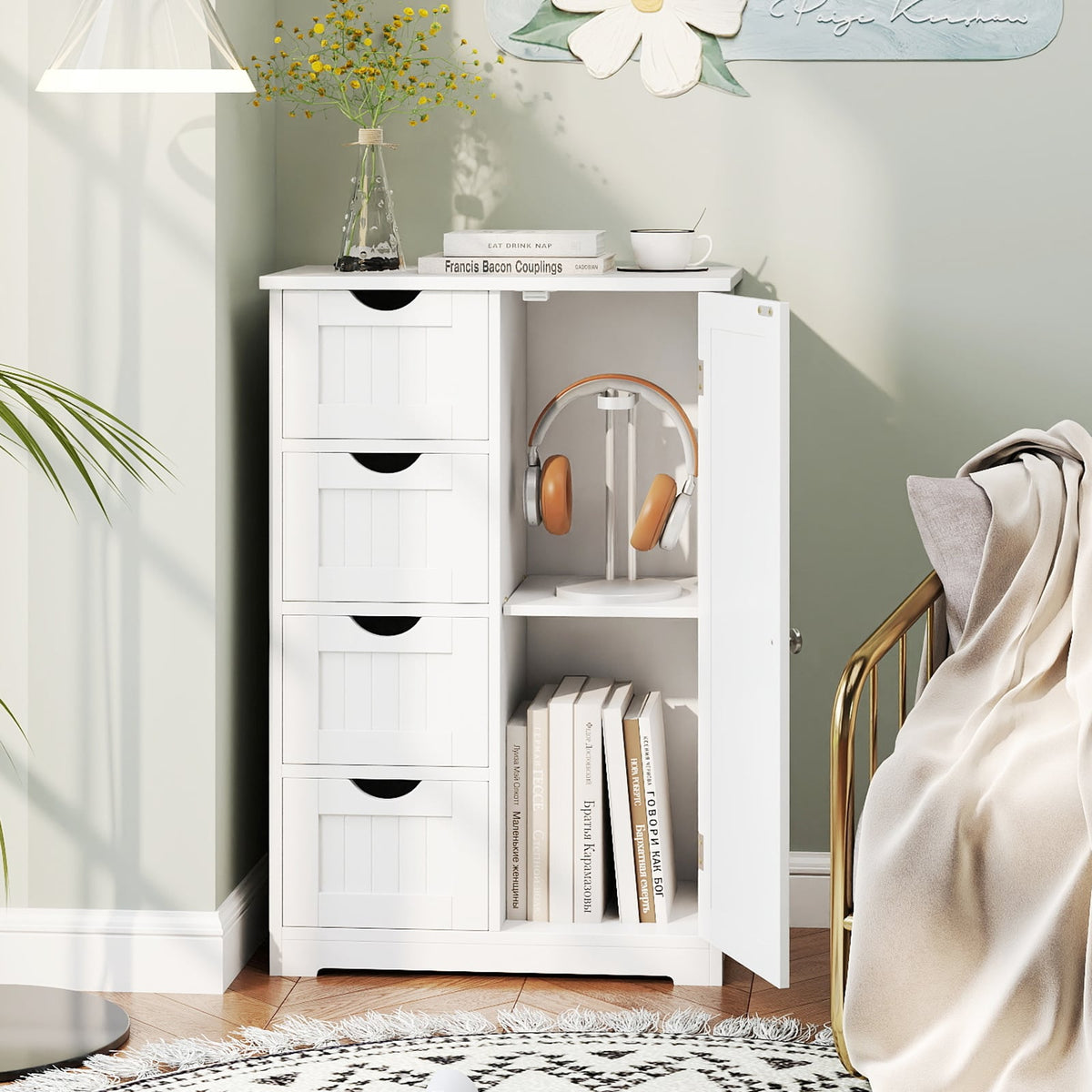 Standing Indoor Wooden Cabinet with 4 Drawers-White-Floor Cabinets-DECOROLALA