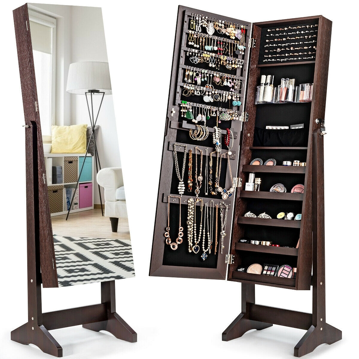 Standing Jewelry Armoire Cabinet with Full Length Mirror-Brown-Jewelry Armoires-DECOROLALA