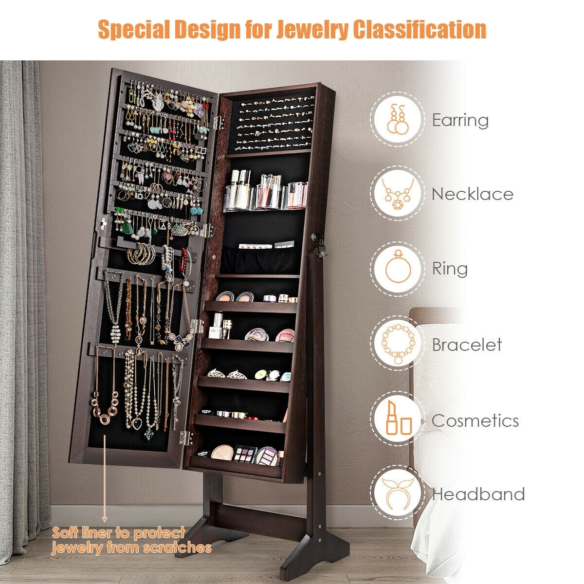 Standing Jewelry Armoire Cabinet with Full Length Mirror-Brown-Jewelry Armoires-DECOROLALA