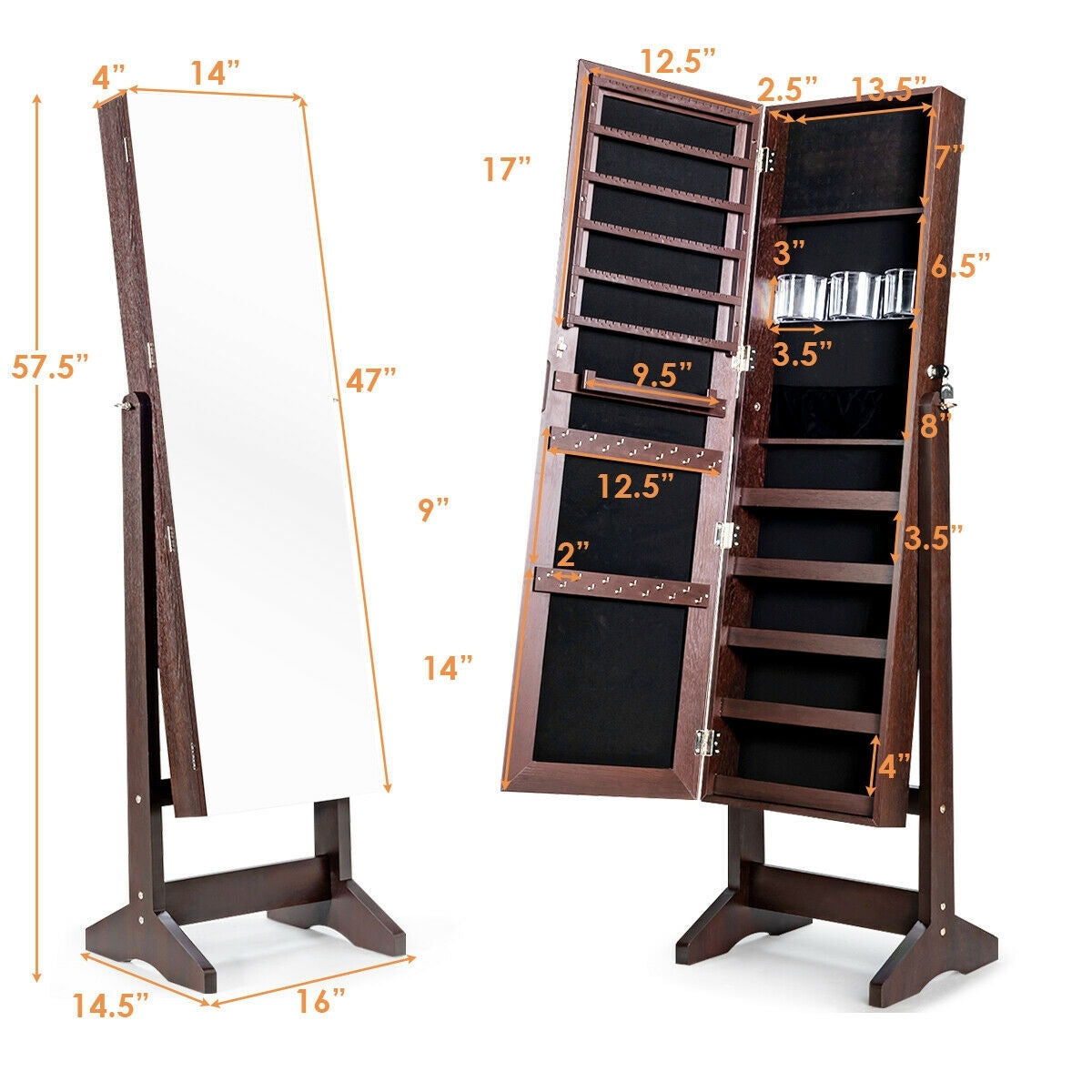 Standing Jewelry Armoire Cabinet with Full Length Mirror-Brown-Jewelry Armoires-DECOROLALA