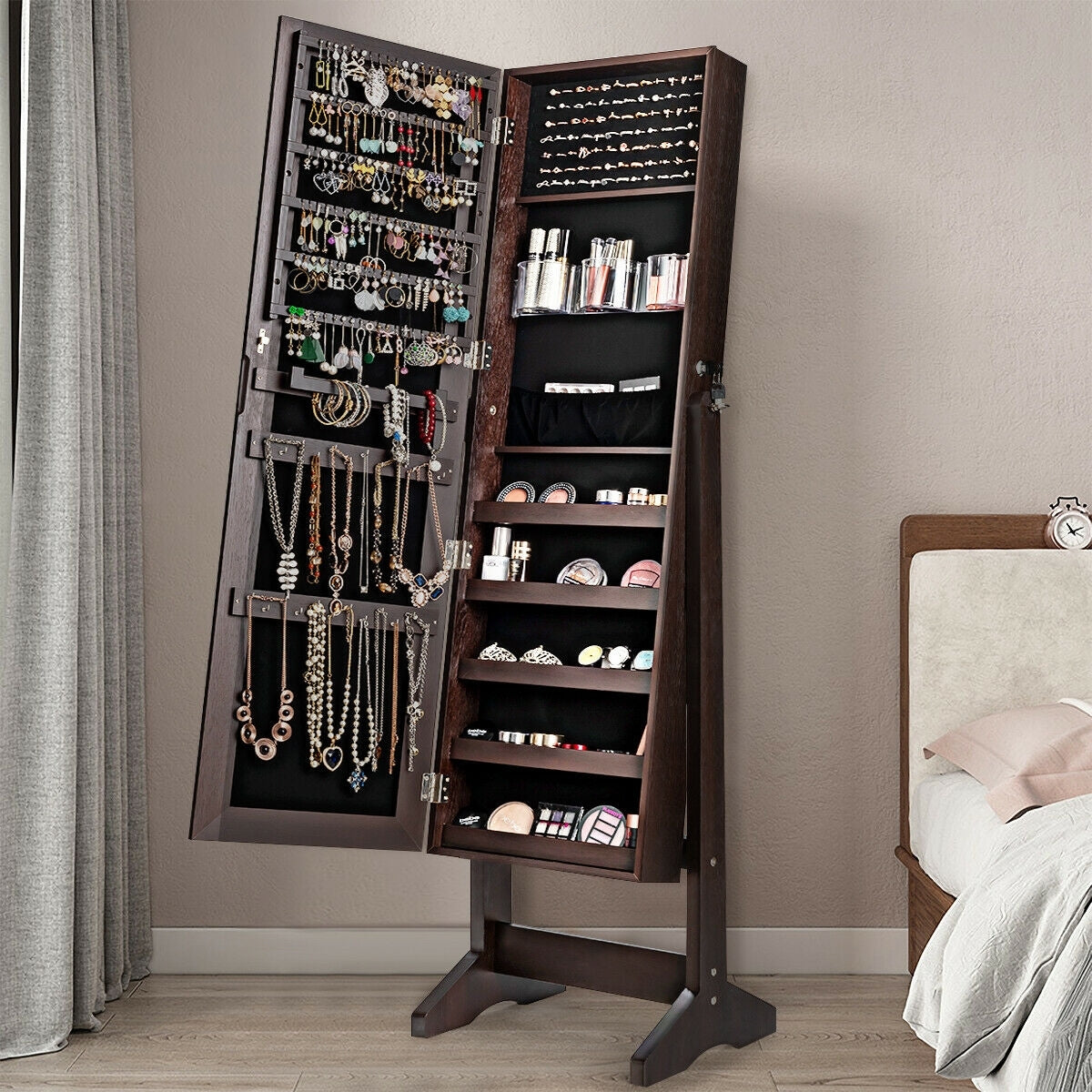 Standing Jewelry Armoire Cabinet with Full Length Mirror-Brown-Jewelry Armoires-DECOROLALA
