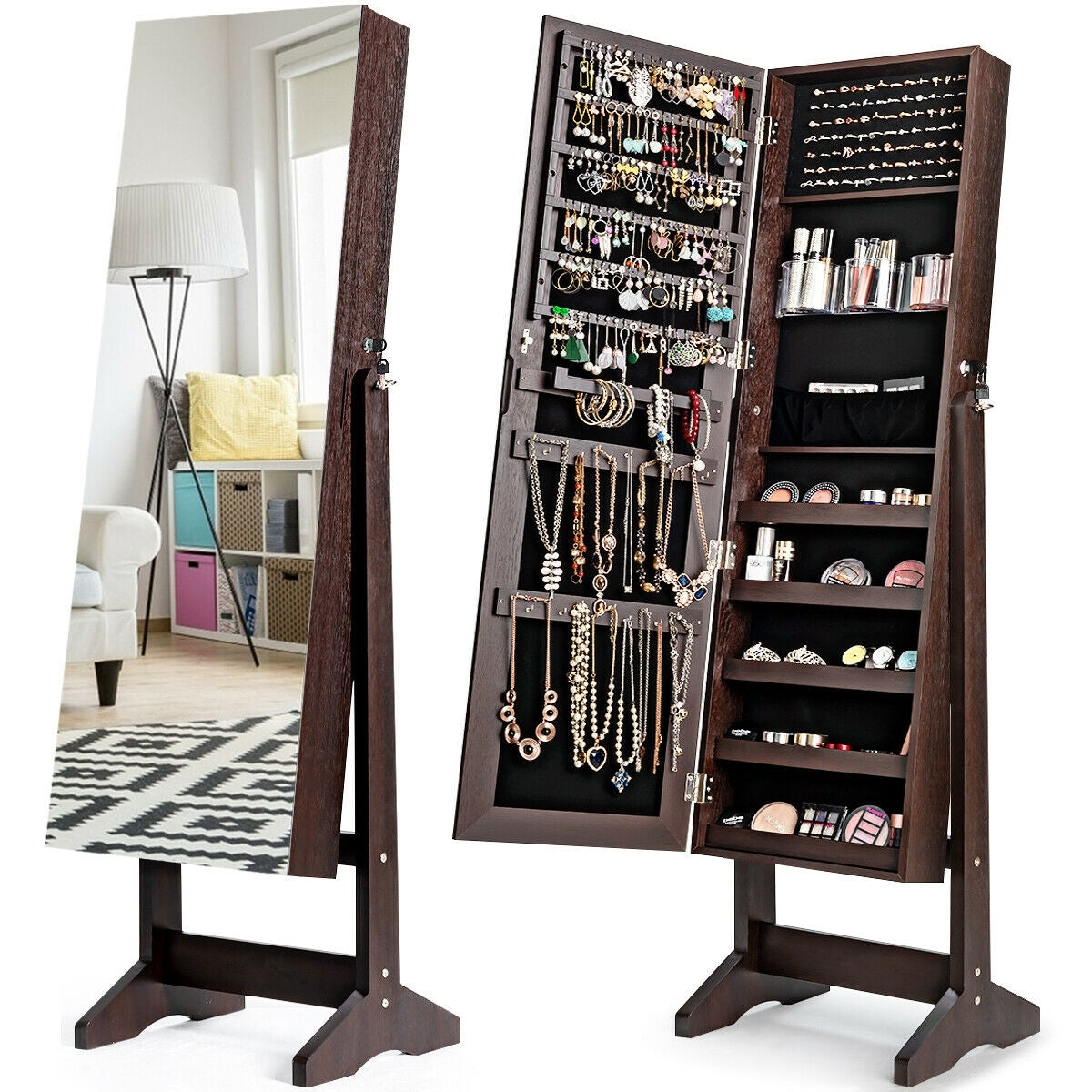 Standing Jewelry Armoire Cabinet with Full Length Mirror-Brown-Jewelry Armoires-DECOROLALA