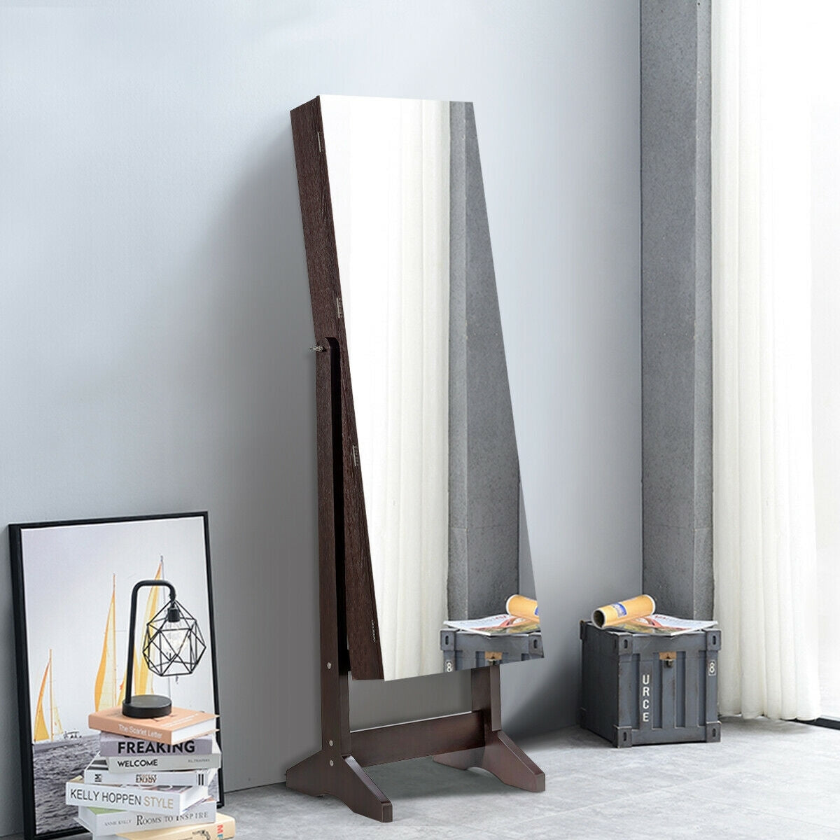 Standing Jewelry Armoire Cabinet with Full Length Mirror-Brown-Jewelry Armoires-DECOROLALA