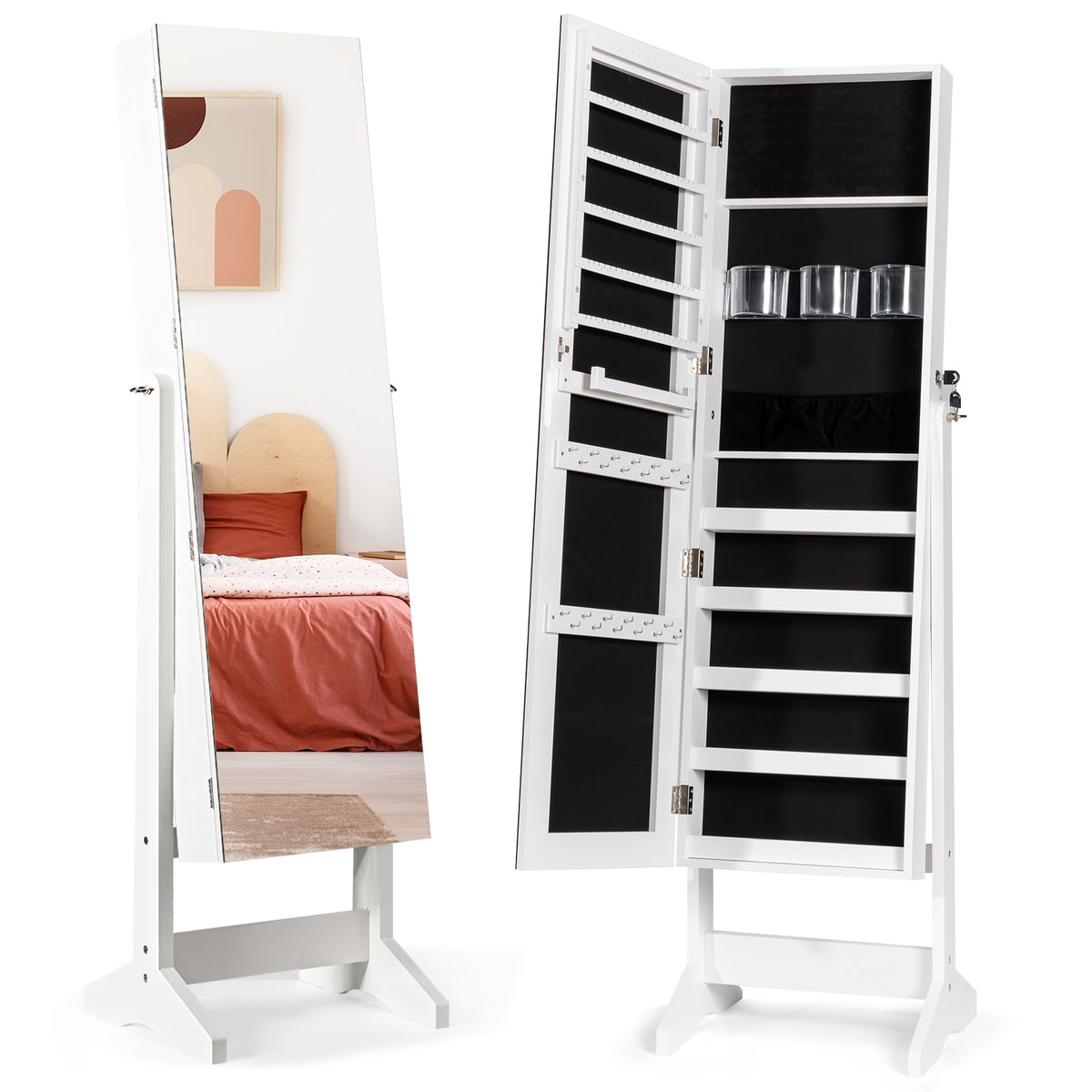 Standing Jewelry Armoire Cabinet with Full Length Mirror-White-Jewelry Armoires-DECOROLALA