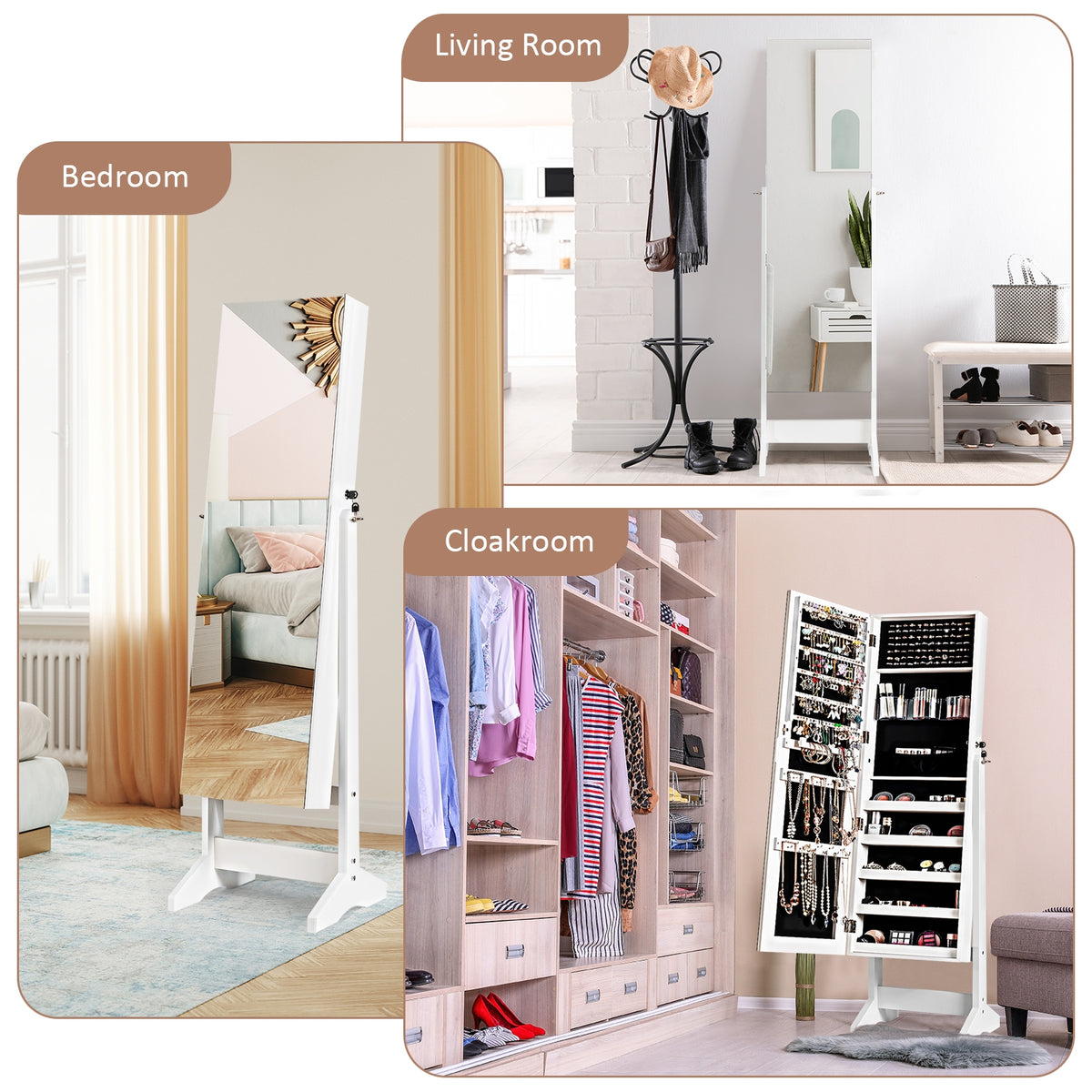 Standing Jewelry Armoire Cabinet with Full Length Mirror-White-Jewelry Armoires-DECOROLALA