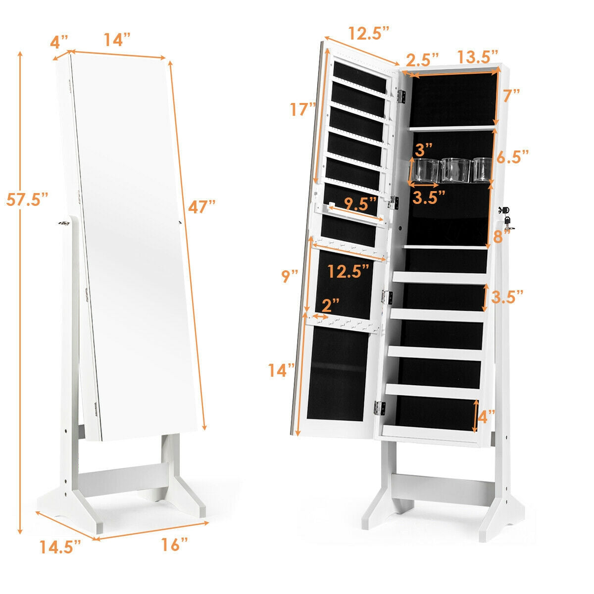 Standing Jewelry Armoire Cabinet with Full Length Mirror-White-Jewelry Armoires-DECOROLALA