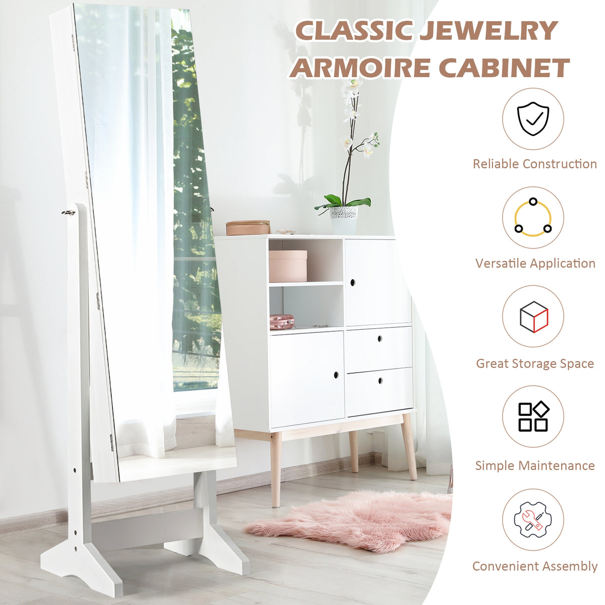 Standing Jewelry Armoire Cabinet with Full Length Mirror-White-Jewelry Armoires-DECOROLALA