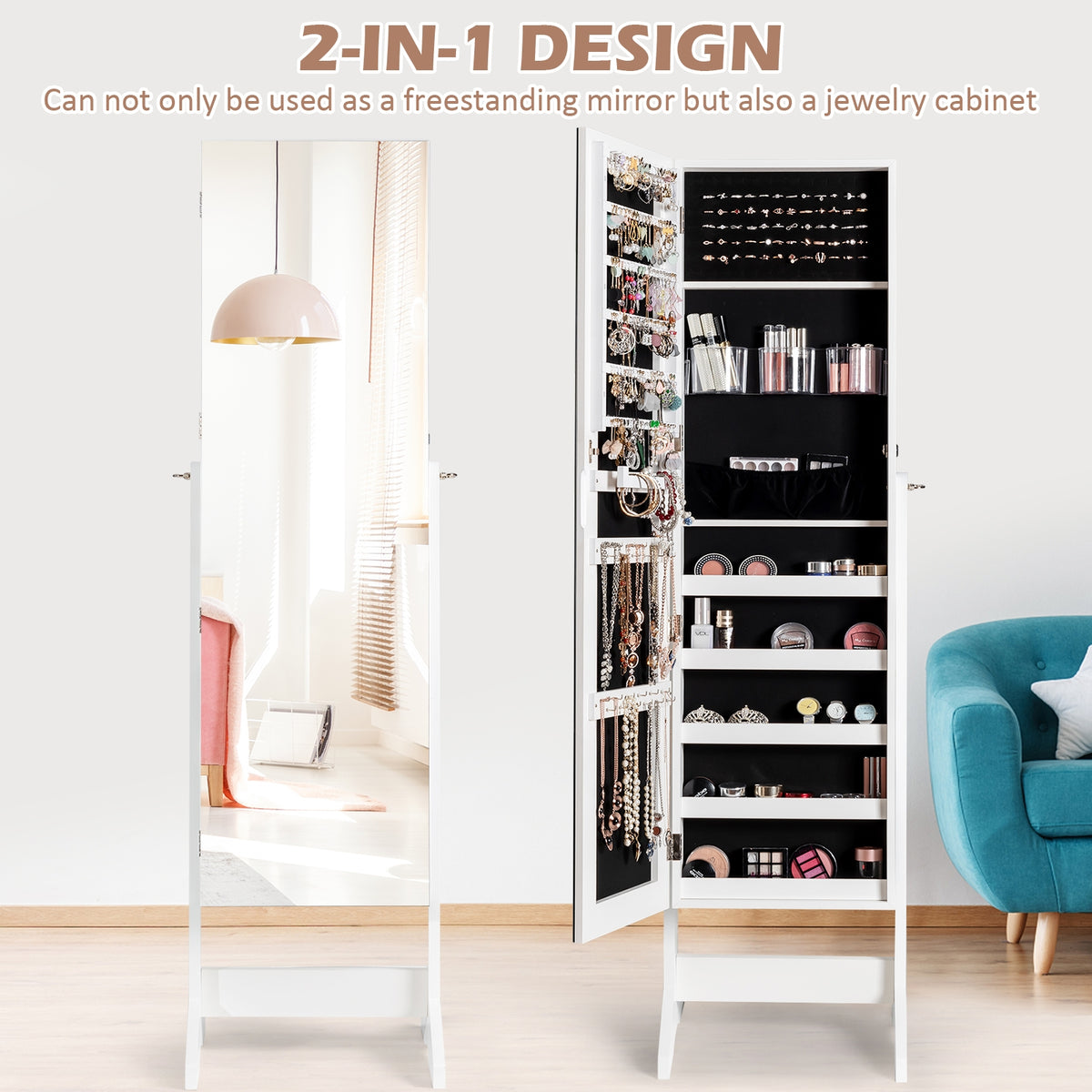 Standing Jewelry Armoire Cabinet with Full Length Mirror-White-Jewelry Armoires-DECOROLALA