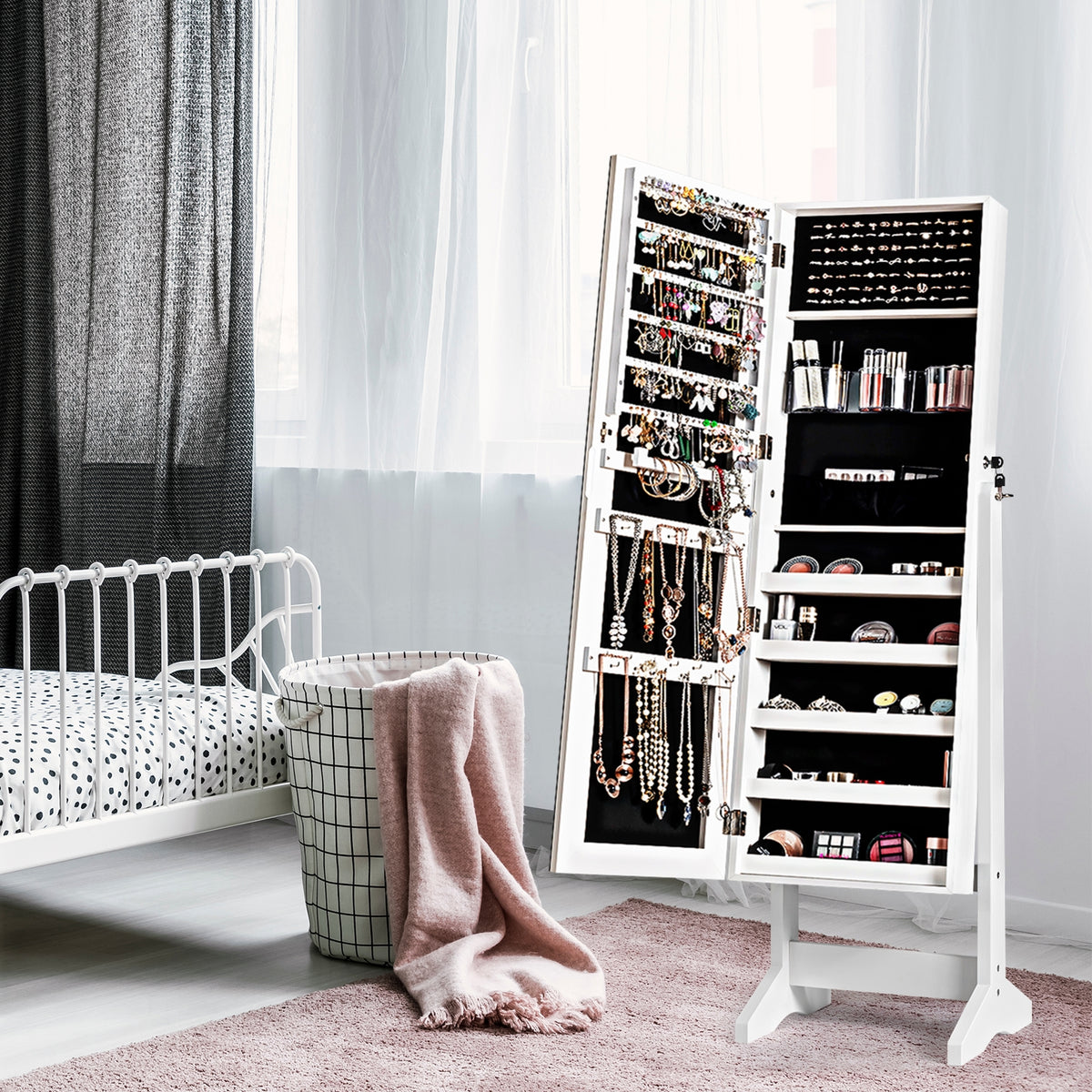 Standing Jewelry Armoire Cabinet with Full Length Mirror-White-Jewelry Armoires-DECOROLALA