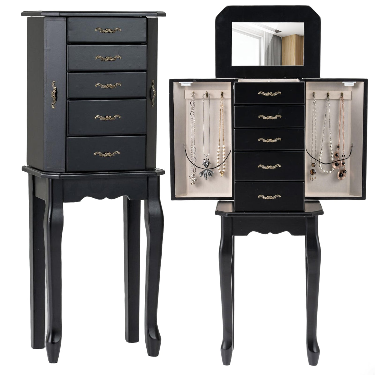 Standing Jewelry Box with 4 Drawers and 2 Side Doors-Black-Jewelry Armoires-DECOROLALA