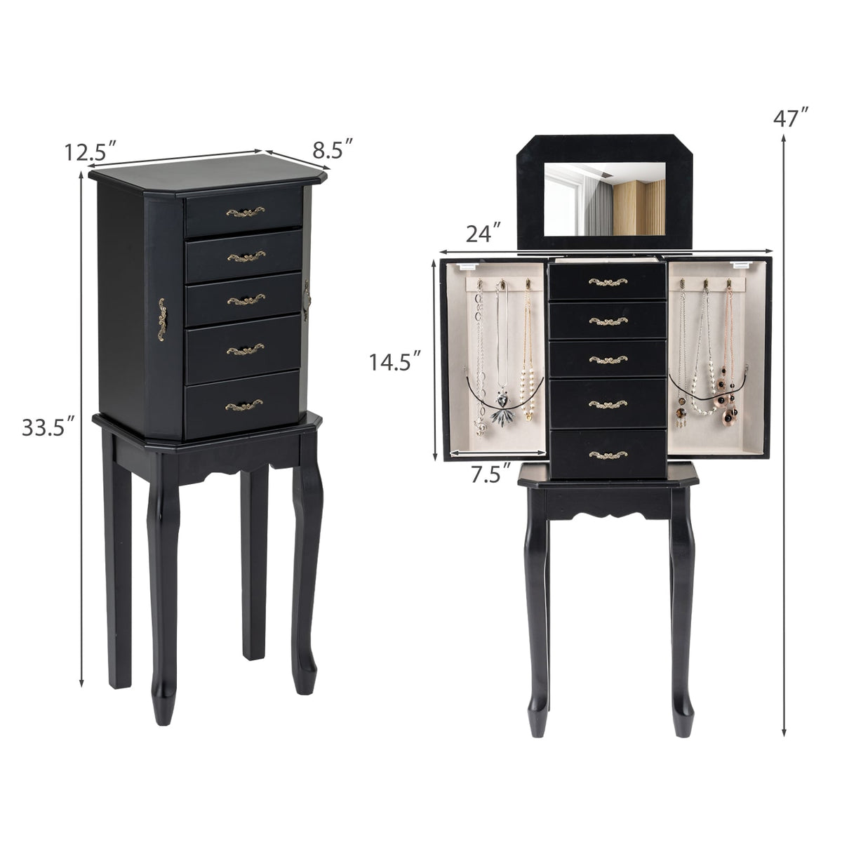 Standing Jewelry Box with 4 Drawers and 2 Side Doors-Black-Jewelry Armoires-DECOROLALA