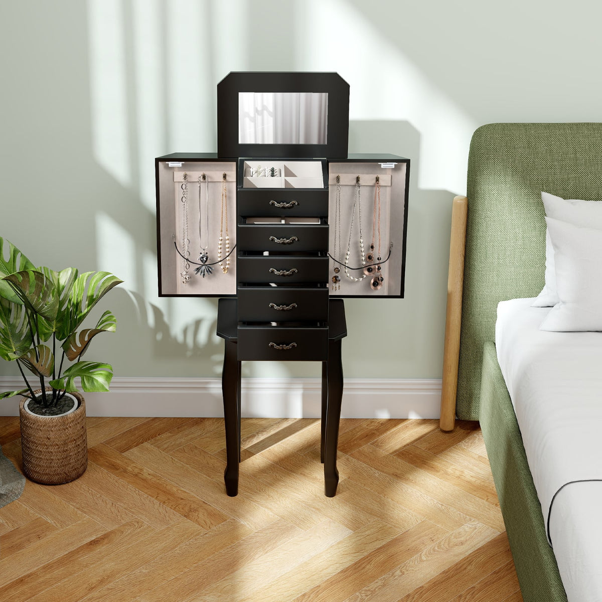 Standing Jewelry Box with 4 Drawers and 2 Side Doors-Black-Jewelry Armoires-DECOROLALA