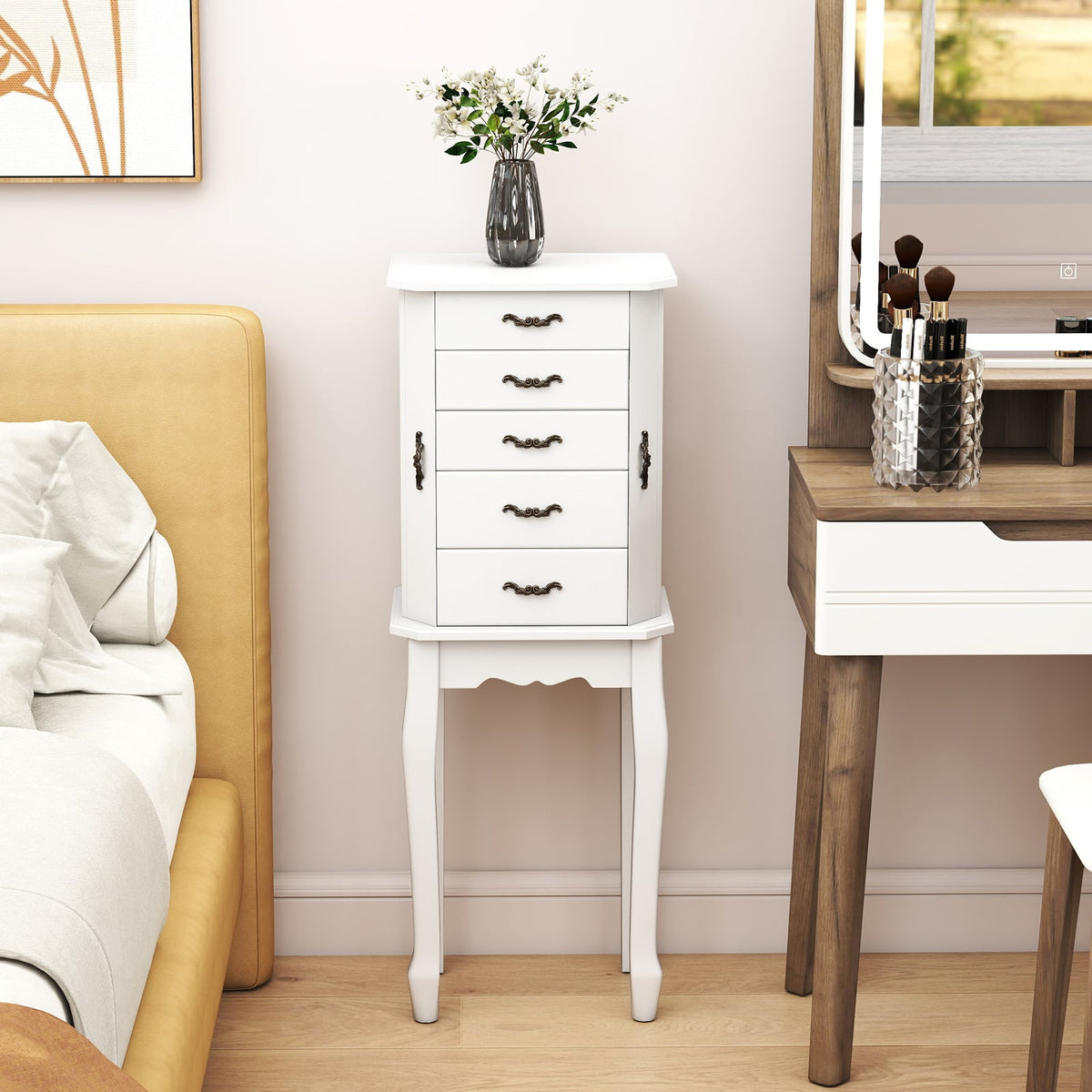 Standing Jewelry Box with 4 Drawers and 2 Side Doors-White-Jewelry Armoires-DECOROLALA