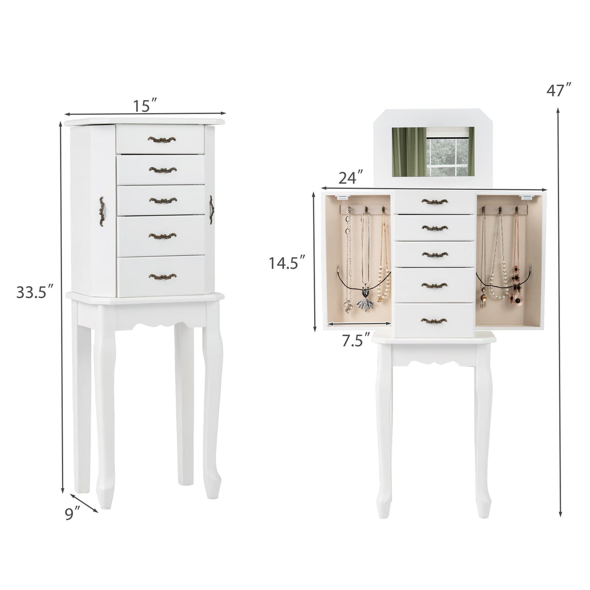 Standing Jewelry Box with 4 Drawers and 2 Side Doors-White-Jewelry Armoires-DECOROLALA