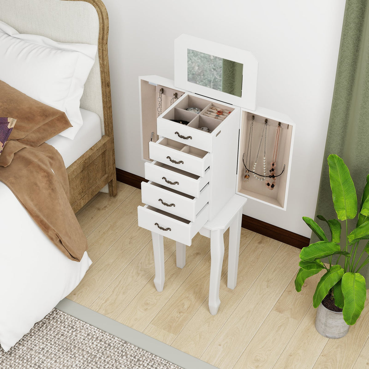 Standing Jewelry Box with 4 Drawers and 2 Side Doors-White-Jewelry Armoires-DECOROLALA