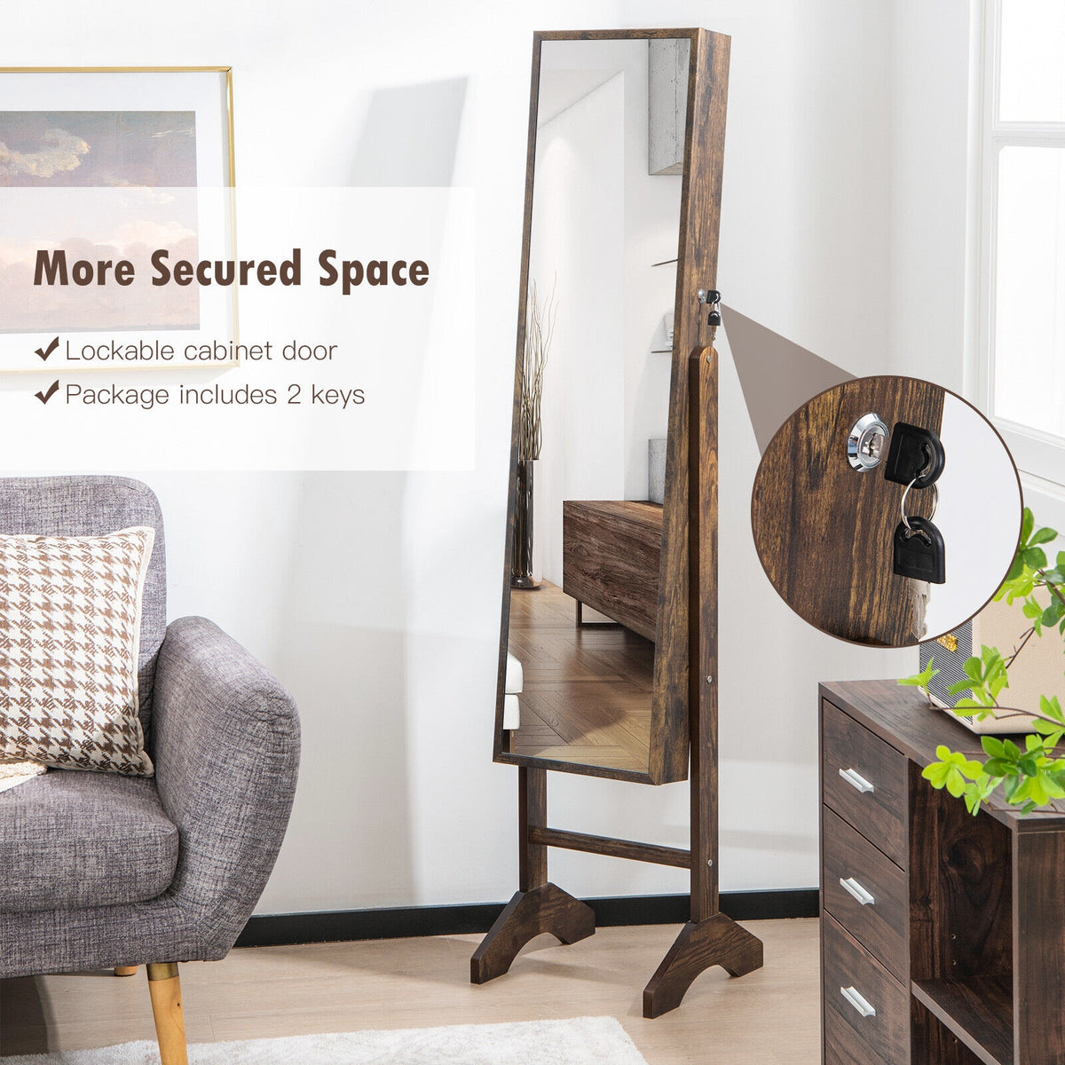 Standing Jewelry Cabinet Jewelry Armoire Cabinet with Full-Brown-Jewelry Armoires-DECOROLALA
