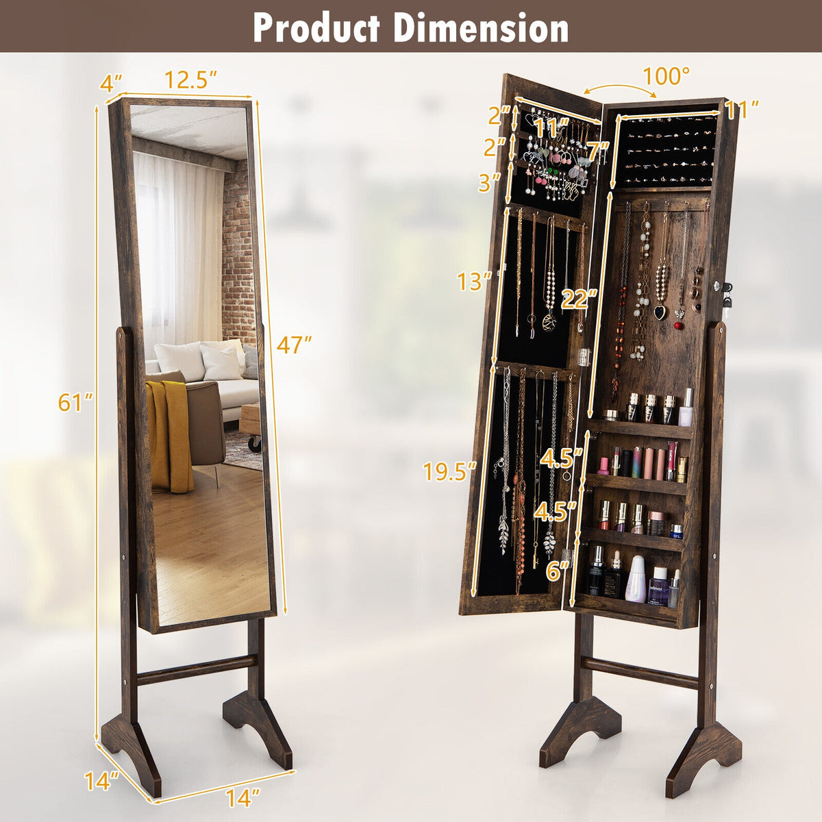Standing Jewelry Cabinet Jewelry Armoire Cabinet with Full-Brown-Jewelry Armoires-DECOROLALA
