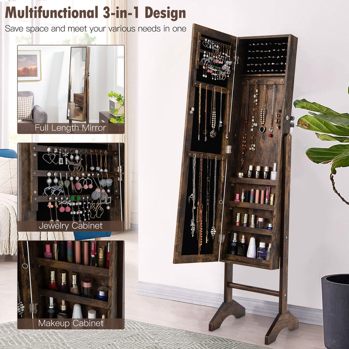 Standing Jewelry Cabinet Jewelry Armoire Cabinet with Full-Brown-Jewelry Armoires-DECOROLALA
