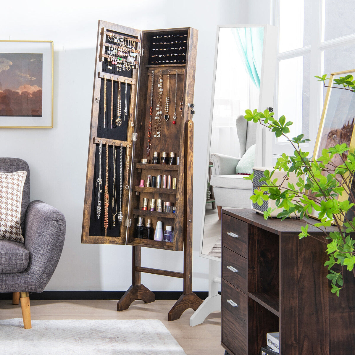 Standing Jewelry Cabinet Jewelry Armoire Cabinet with Full-Brown-Jewelry Armoires-DECOROLALA