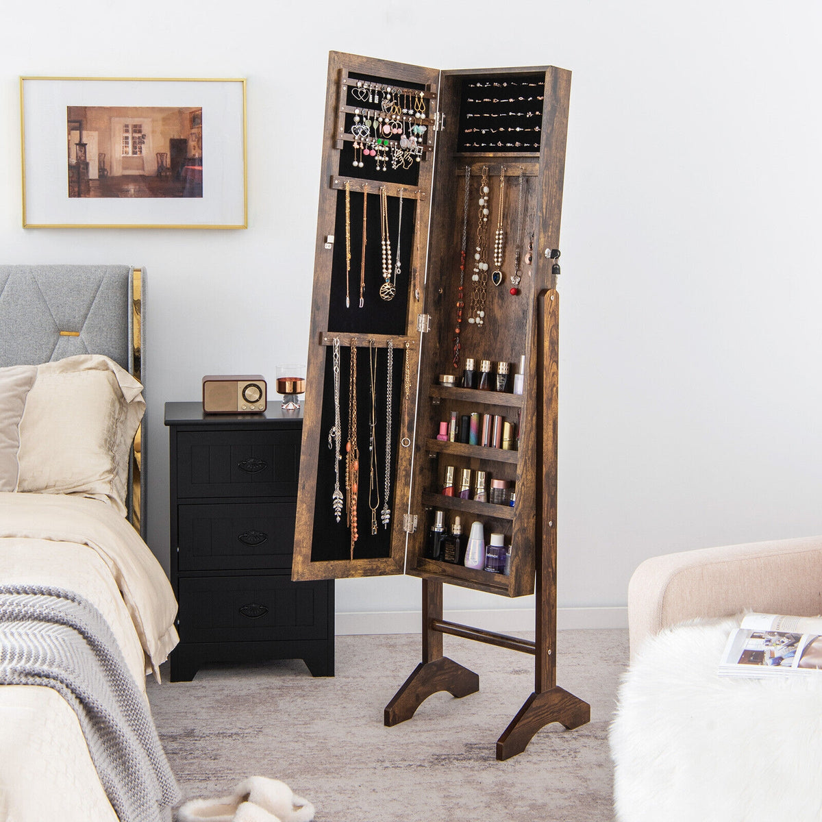 Standing Jewelry Cabinet Jewelry Armoire Cabinet with Full-Brown-Jewelry Armoires-DECOROLALA