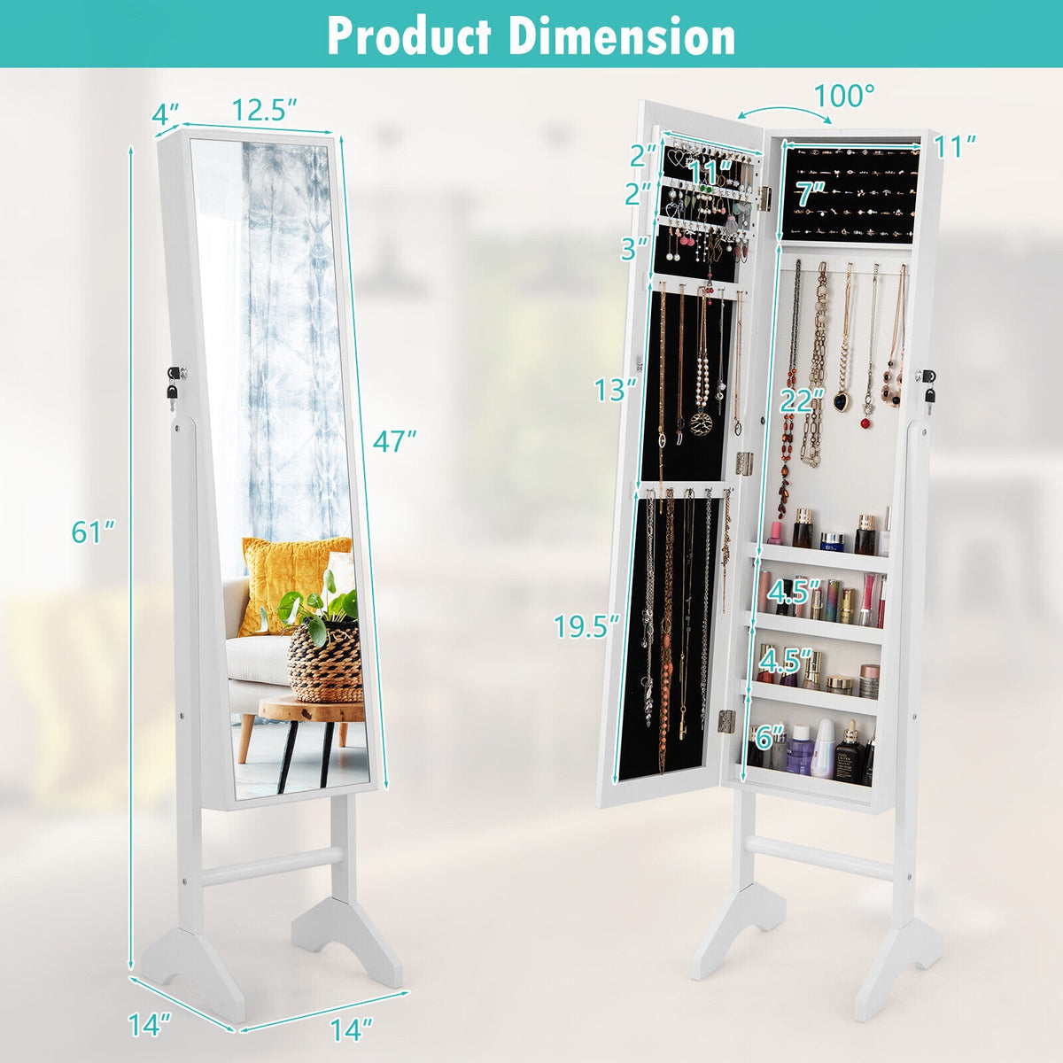 Standing Jewelry Cabinet Jewelry Armoire Cabinet with Full-White-Jewelry Armoires-DECOROLALA