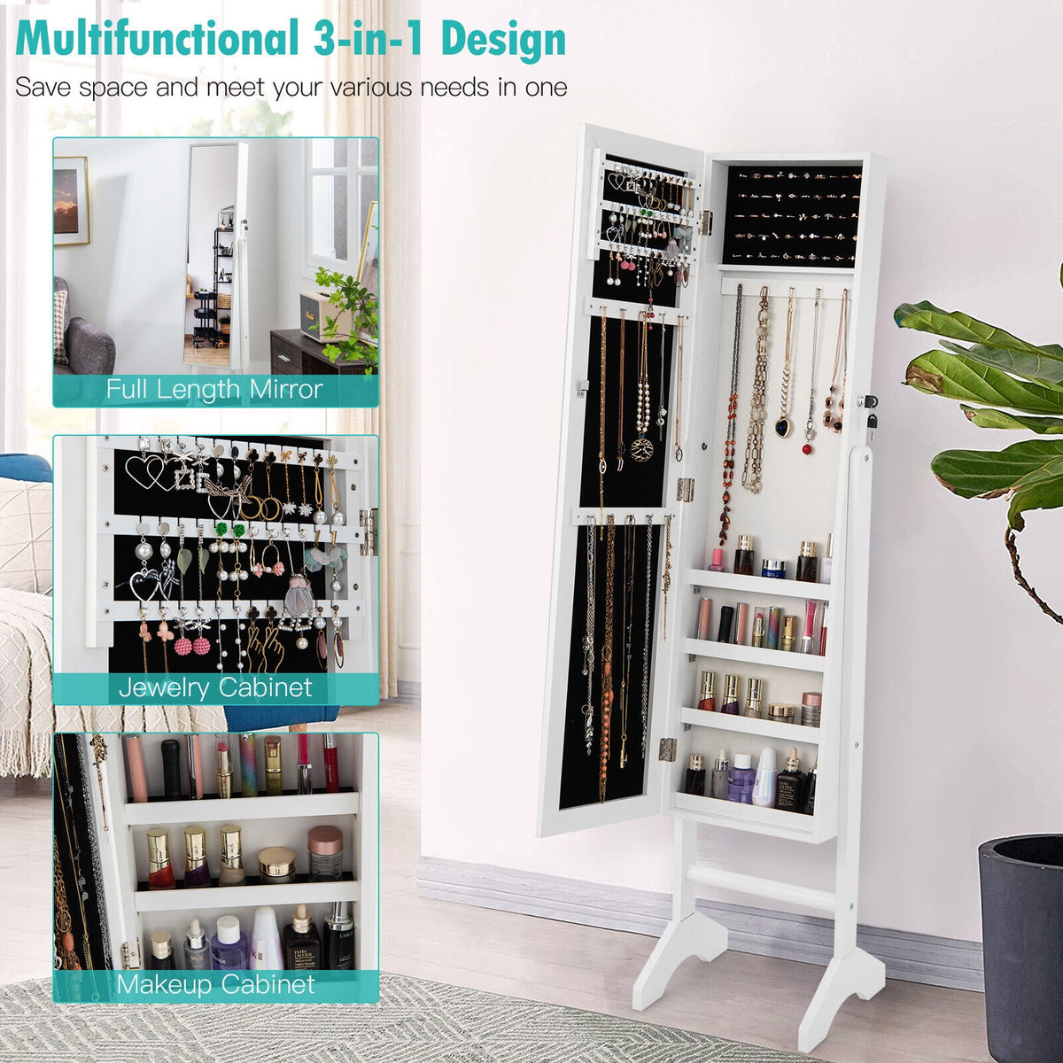 Standing Jewelry Cabinet Jewelry Armoire Cabinet with Full-White-Jewelry Armoires-DECOROLALA