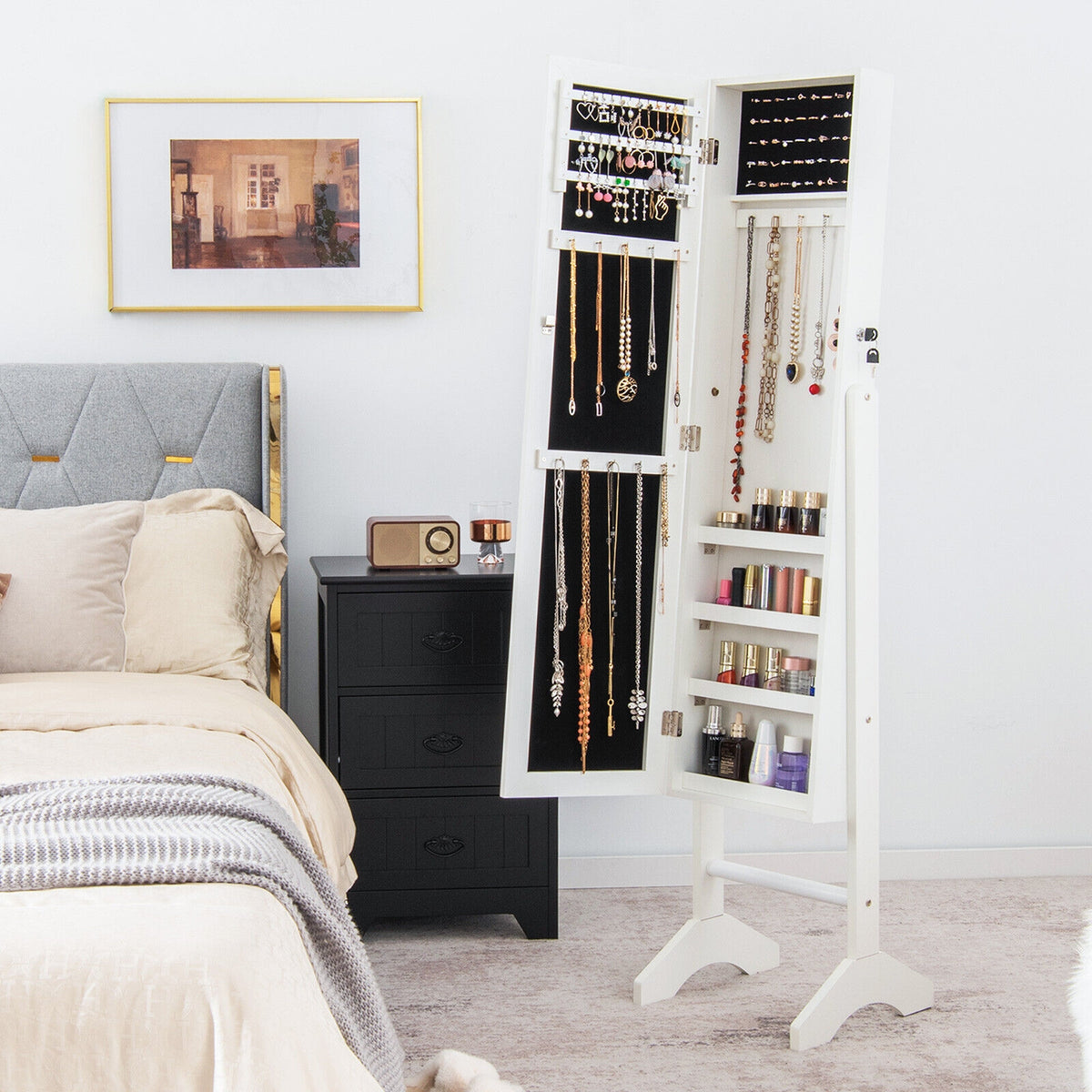 Standing Jewelry Cabinet Jewelry Armoire Cabinet with Full-White-Jewelry Armoires-DECOROLALA