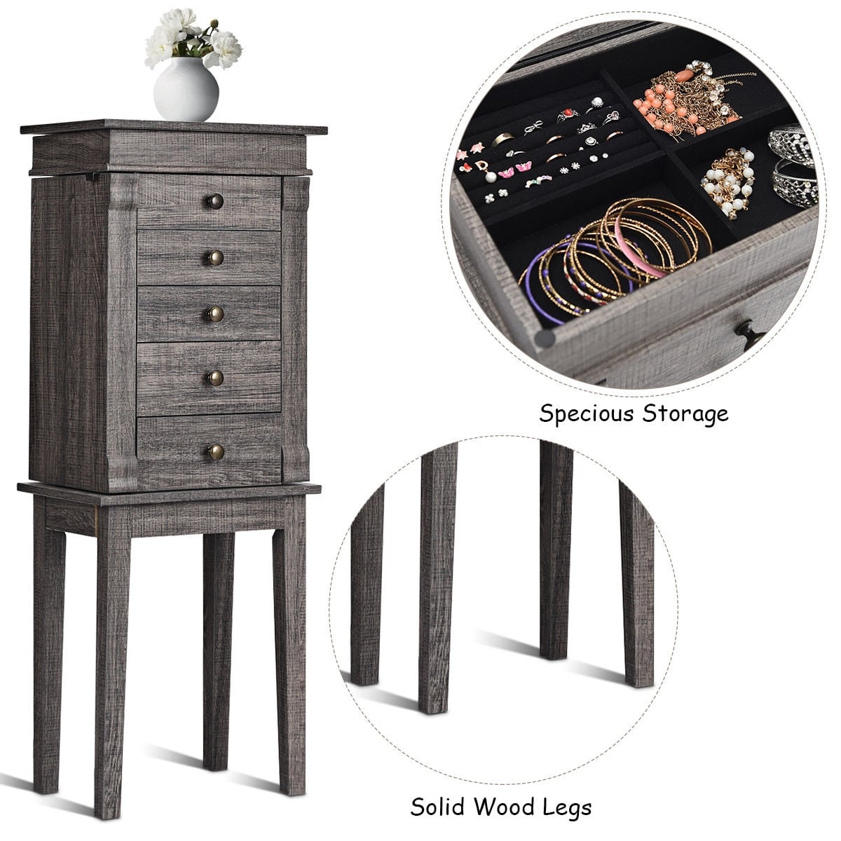 Standing Jewelry Cabinet Storage Organizer with Wooden Legs-Jewelry Armoires-DECOROLALA