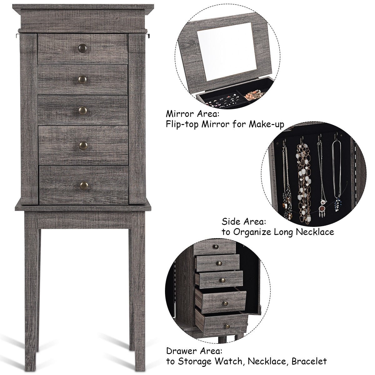 Standing Jewelry Cabinet Storage Organizer with Wooden Legs-Jewelry Armoires-DECOROLALA