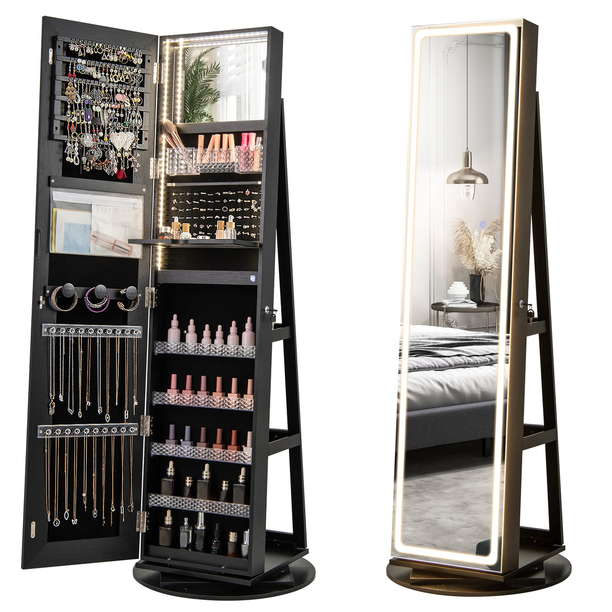 Standing Jewelry Cabinet with Adjustable LED Lights-Black-Jewelry Armoires-DECOROLALA