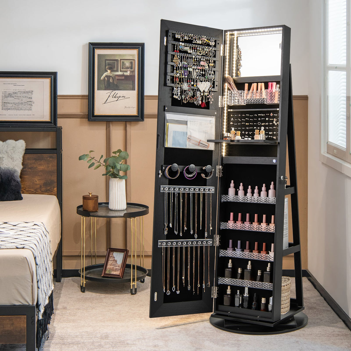Standing Jewelry Cabinet with Adjustable LED Lights-Black-Jewelry Armoires-DECOROLALA