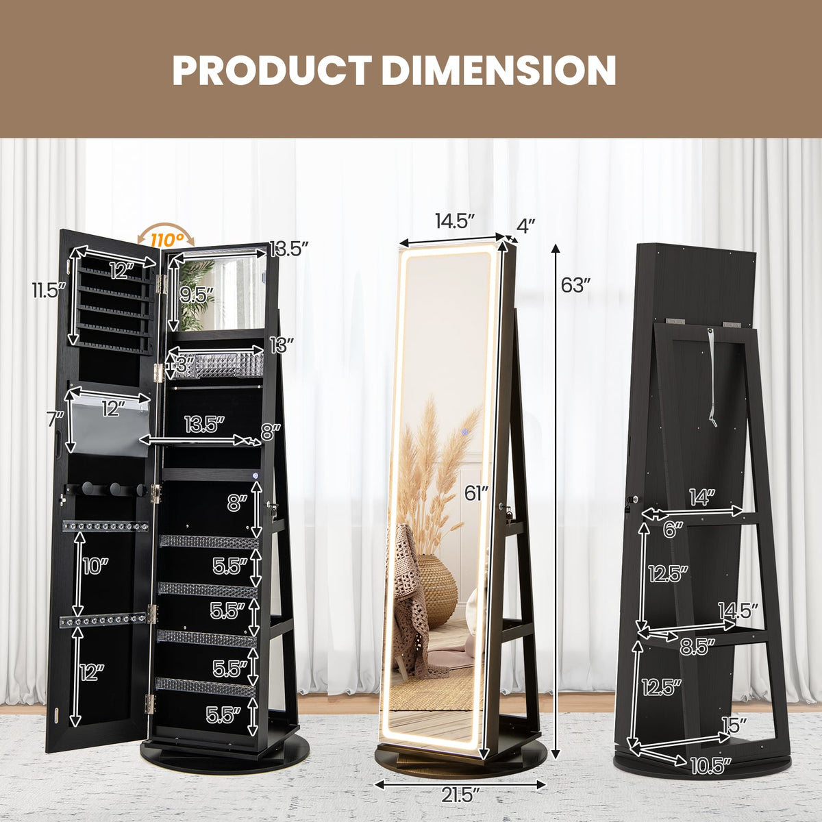 Standing Jewelry Cabinet with Adjustable LED Lights-Black-Jewelry Armoires-DECOROLALA