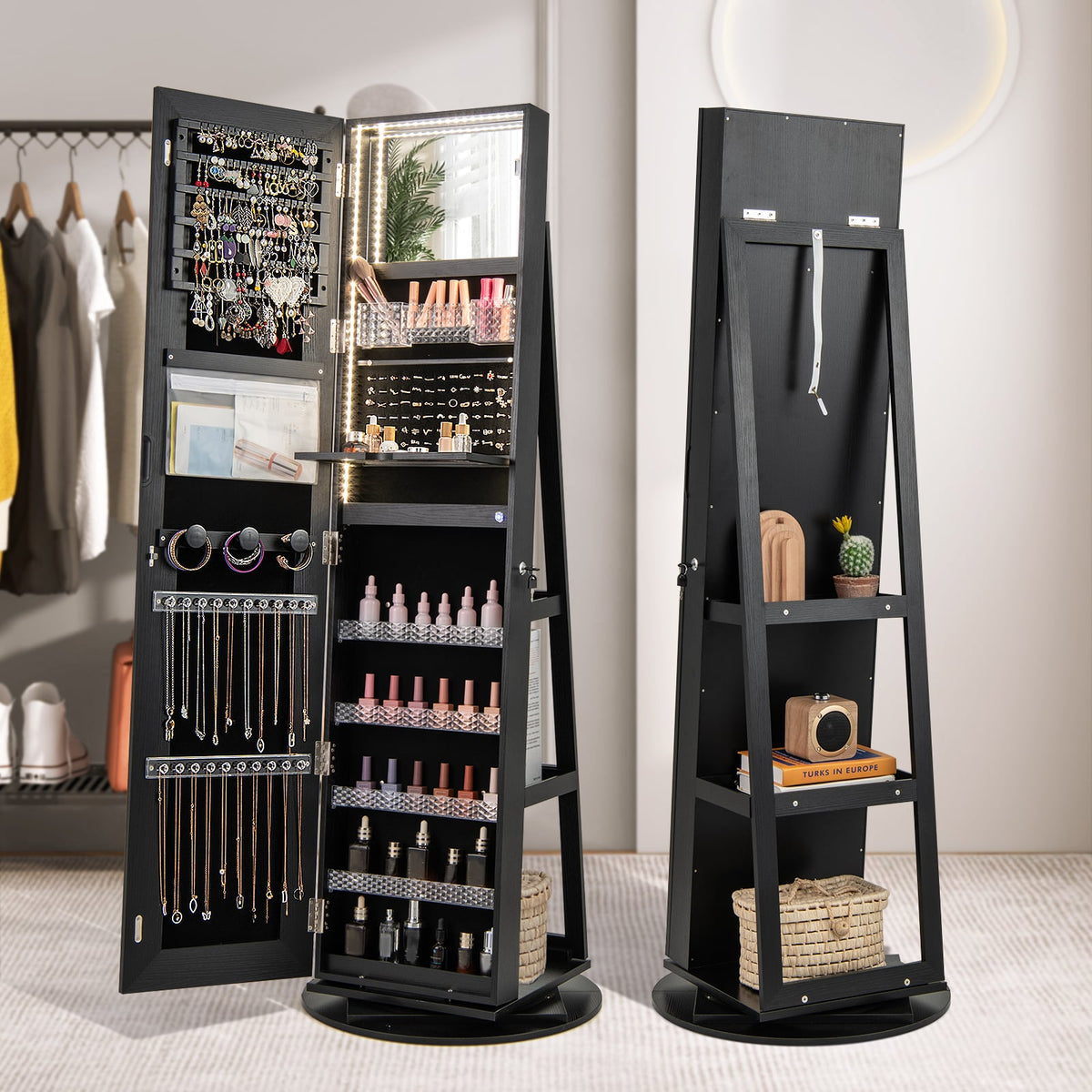 Standing Jewelry Cabinet with Adjustable LED Lights-Black-Jewelry Armoires-DECOROLALA