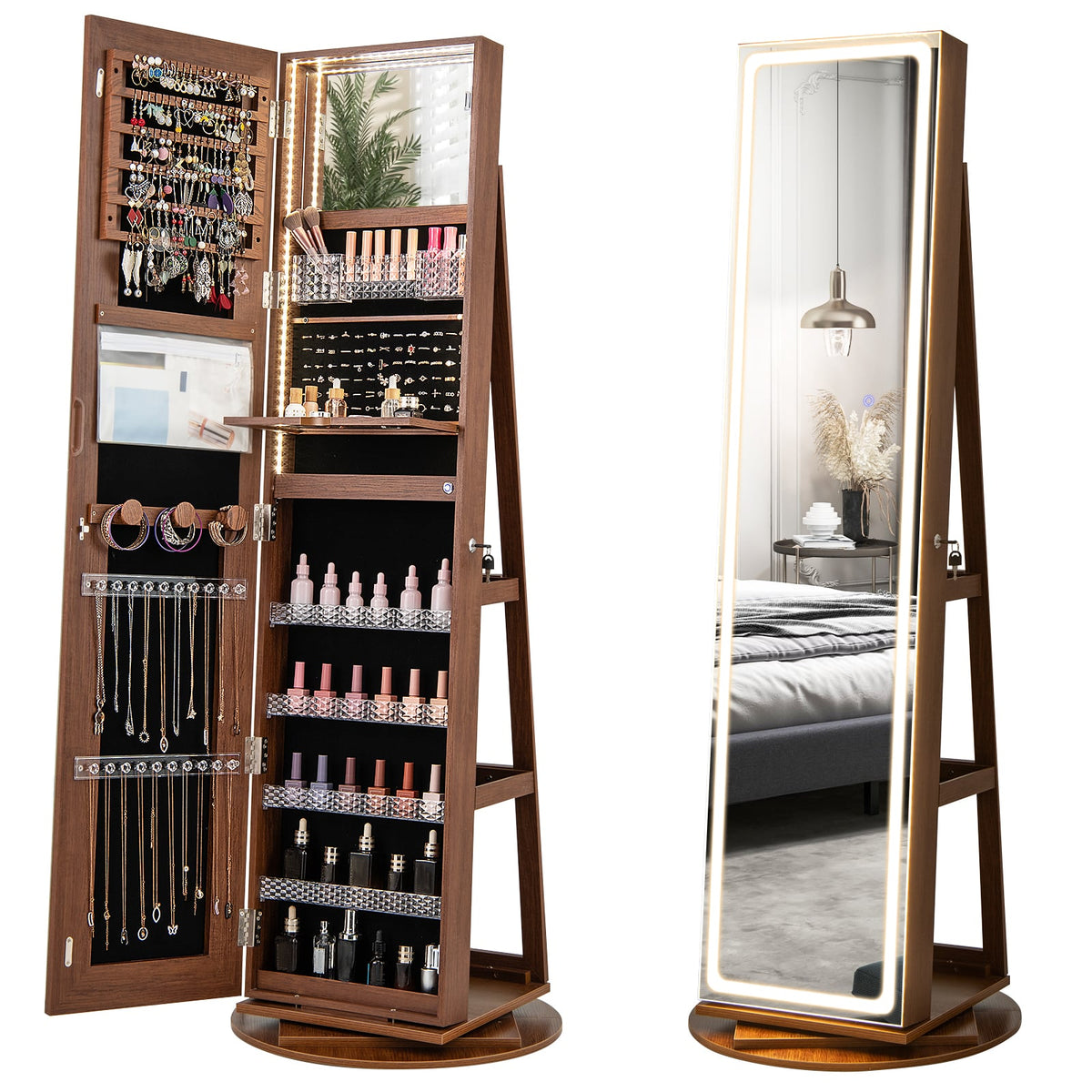 Standing Jewelry Cabinet with Adjustable LED Lights-Brown-Jewelry Armoires-DECOROLALA