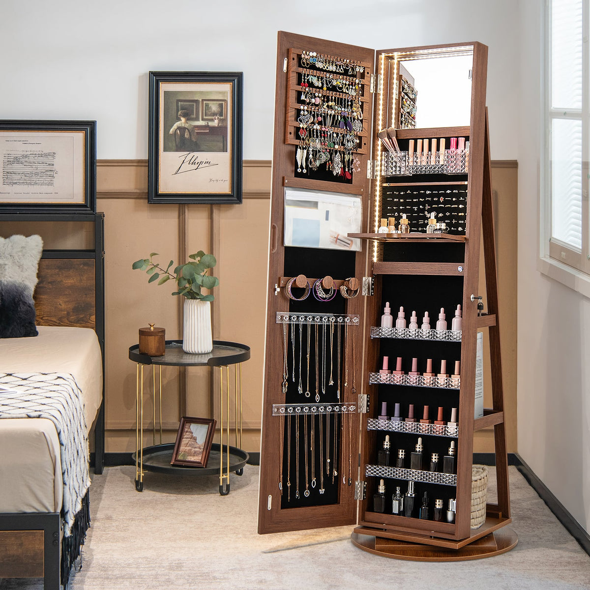 Standing Jewelry Cabinet with Adjustable LED Lights-Brown-Jewelry Armoires-DECOROLALA
