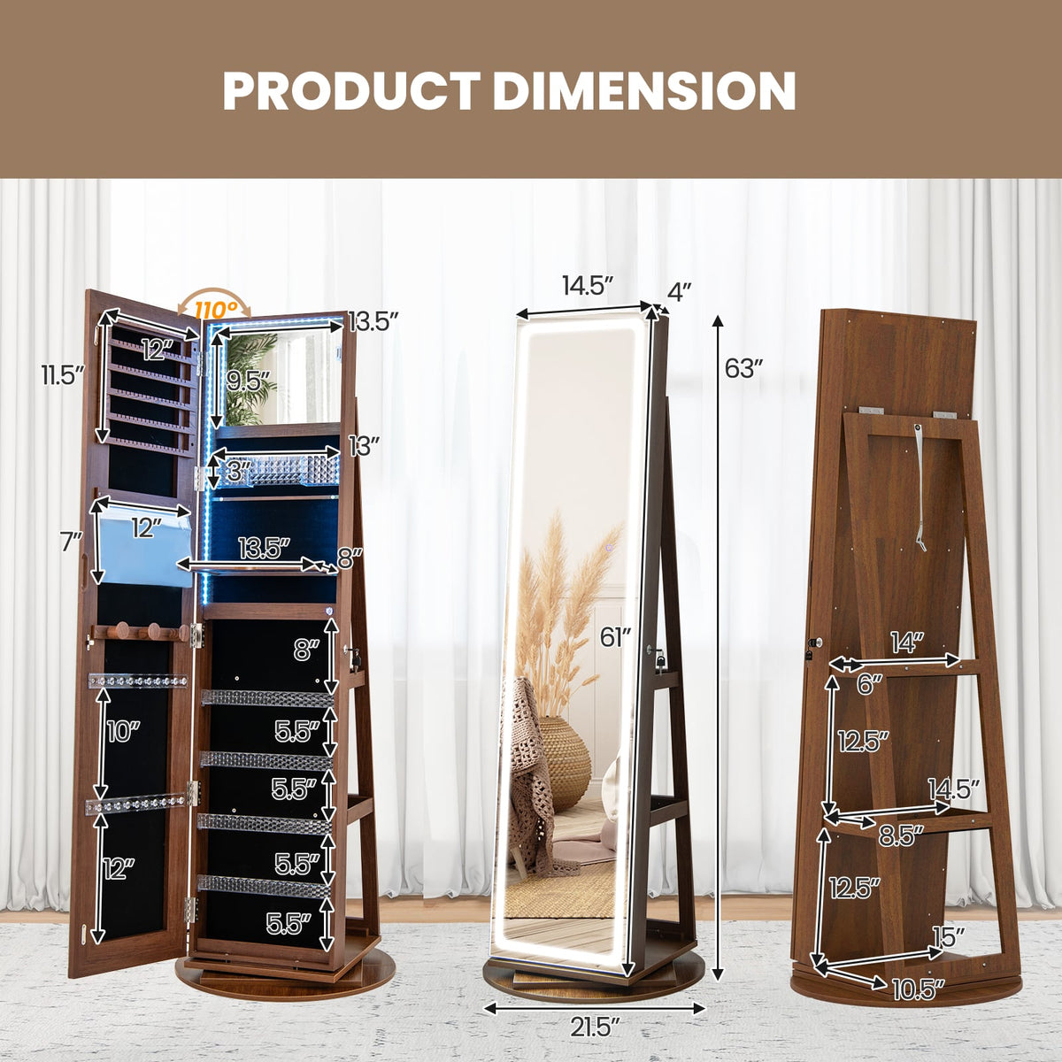 Standing Jewelry Cabinet with Adjustable LED Lights-Brown-Jewelry Armoires-DECOROLALA