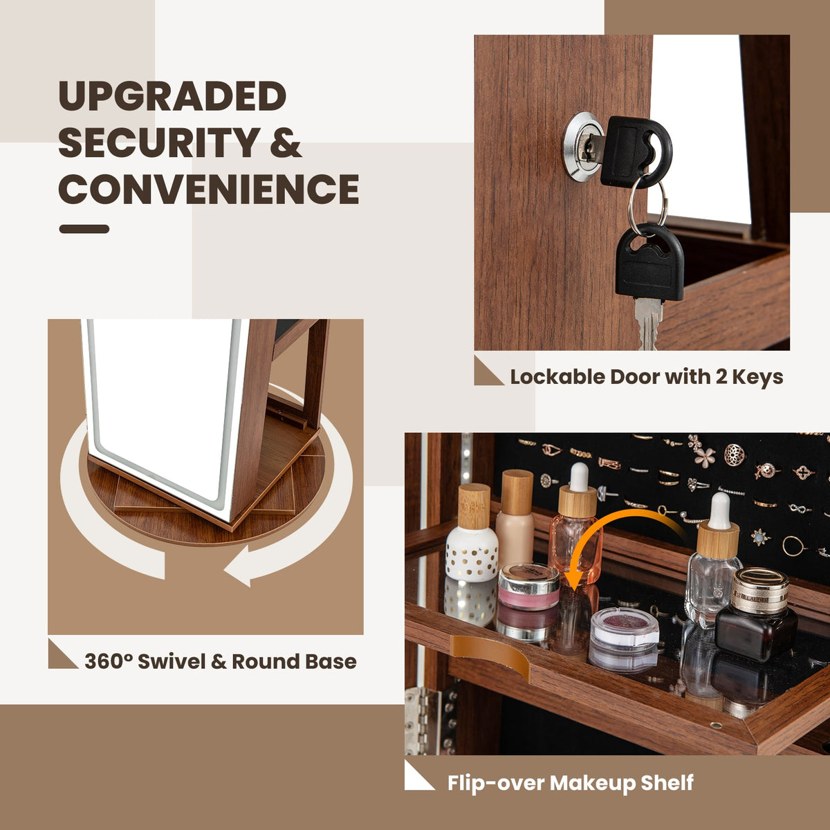 Standing Jewelry Cabinet with Adjustable LED Lights-Brown-Jewelry Armoires-DECOROLALA