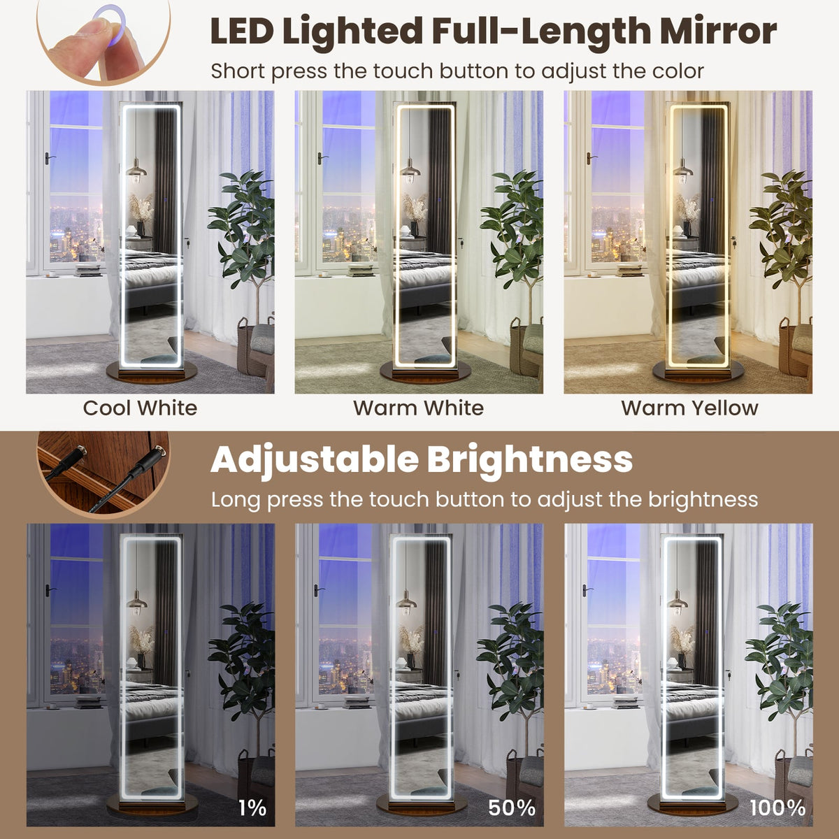 Standing Jewelry Cabinet with Adjustable LED Lights-Brown-Jewelry Armoires-DECOROLALA