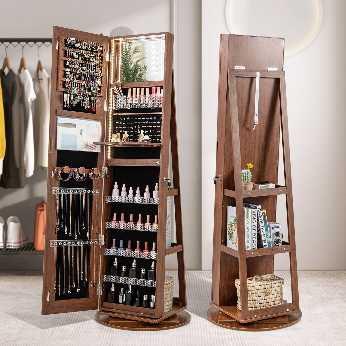 Standing Jewelry Cabinet with Adjustable LED Lights-Brown-Jewelry Armoires-DECOROLALA