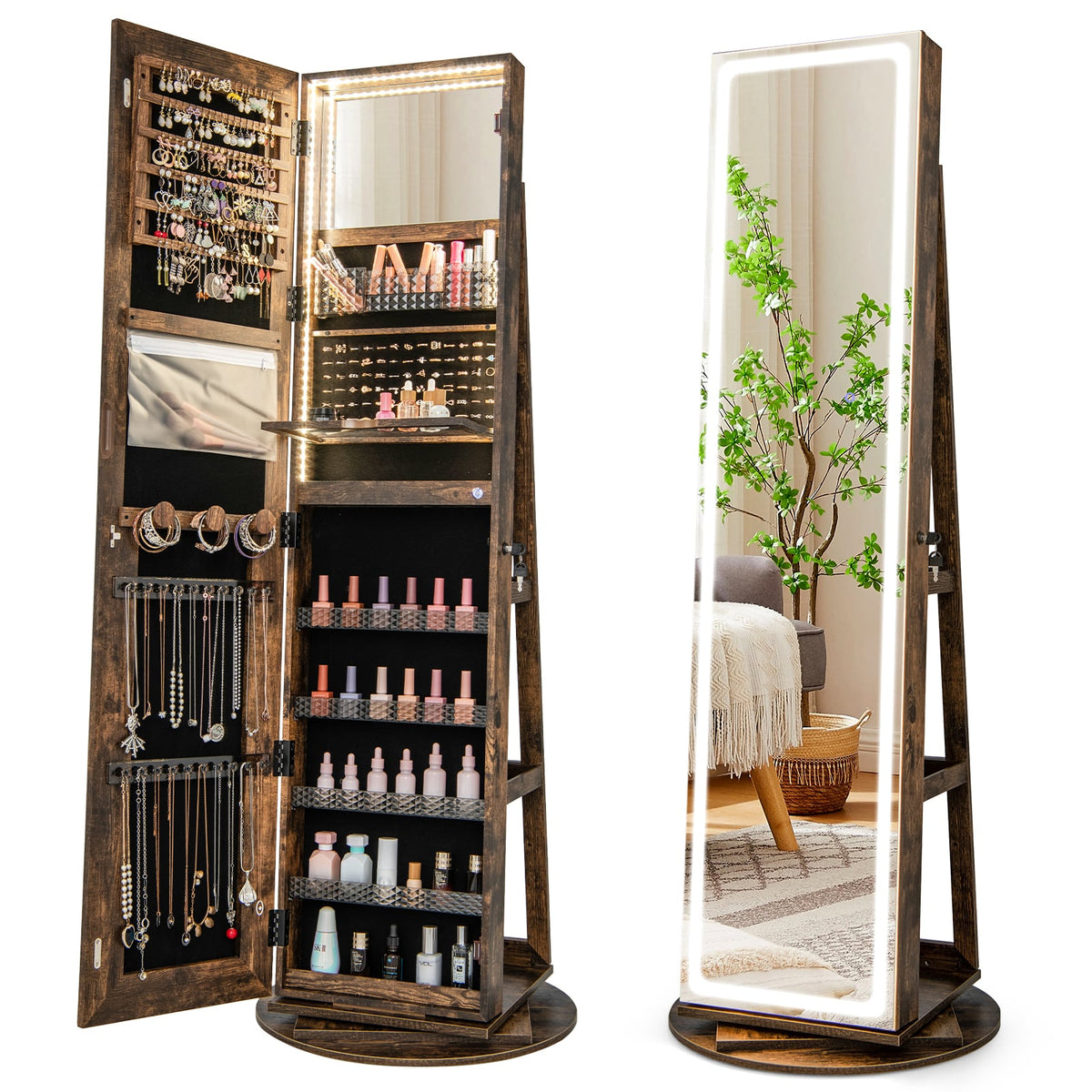 Standing Jewelry Cabinet with Adjustable LED Lights-Coffee-Jewelry Armoires-DECOROLALA