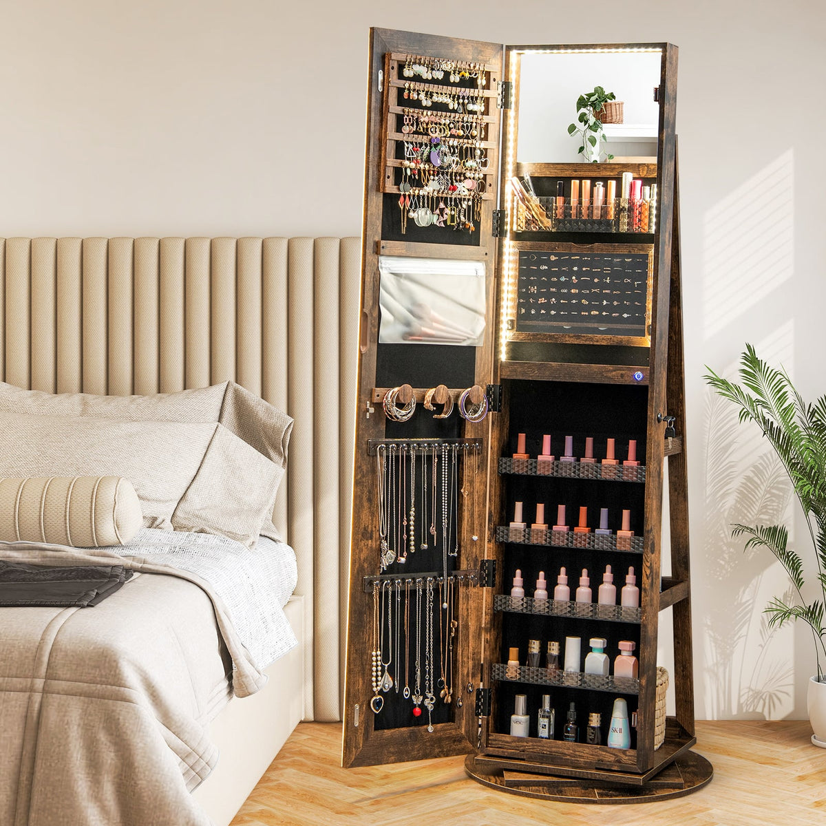 Standing Jewelry Cabinet with Adjustable LED Lights-Coffee-Jewelry Armoires-DECOROLALA