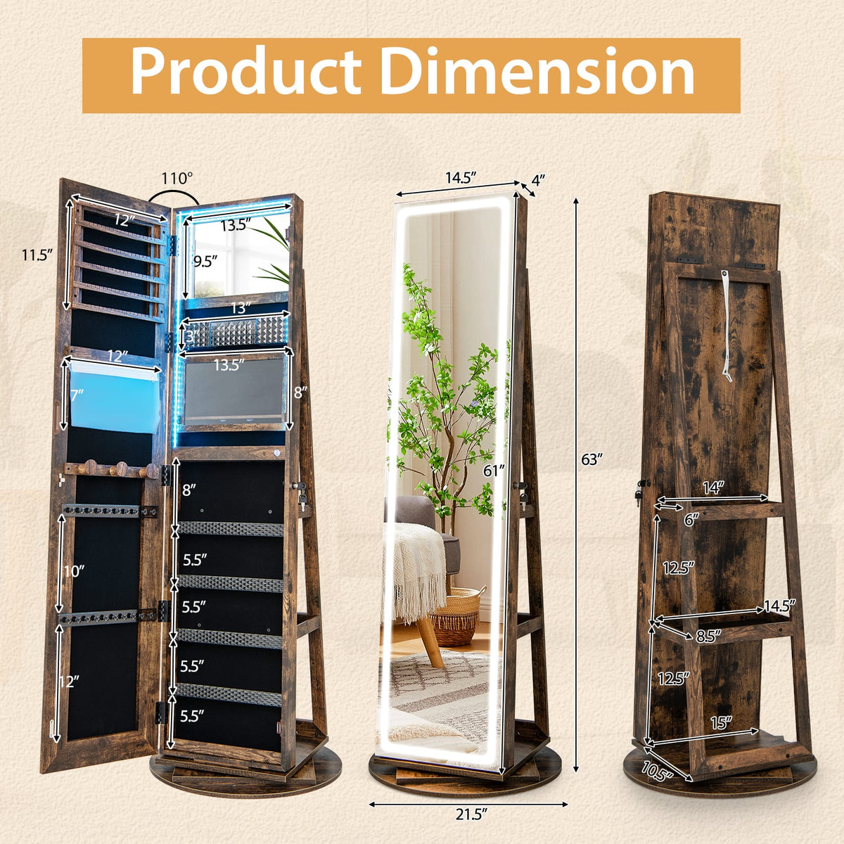Standing Jewelry Cabinet with Adjustable LED Lights-Coffee-Jewelry Armoires-DECOROLALA
