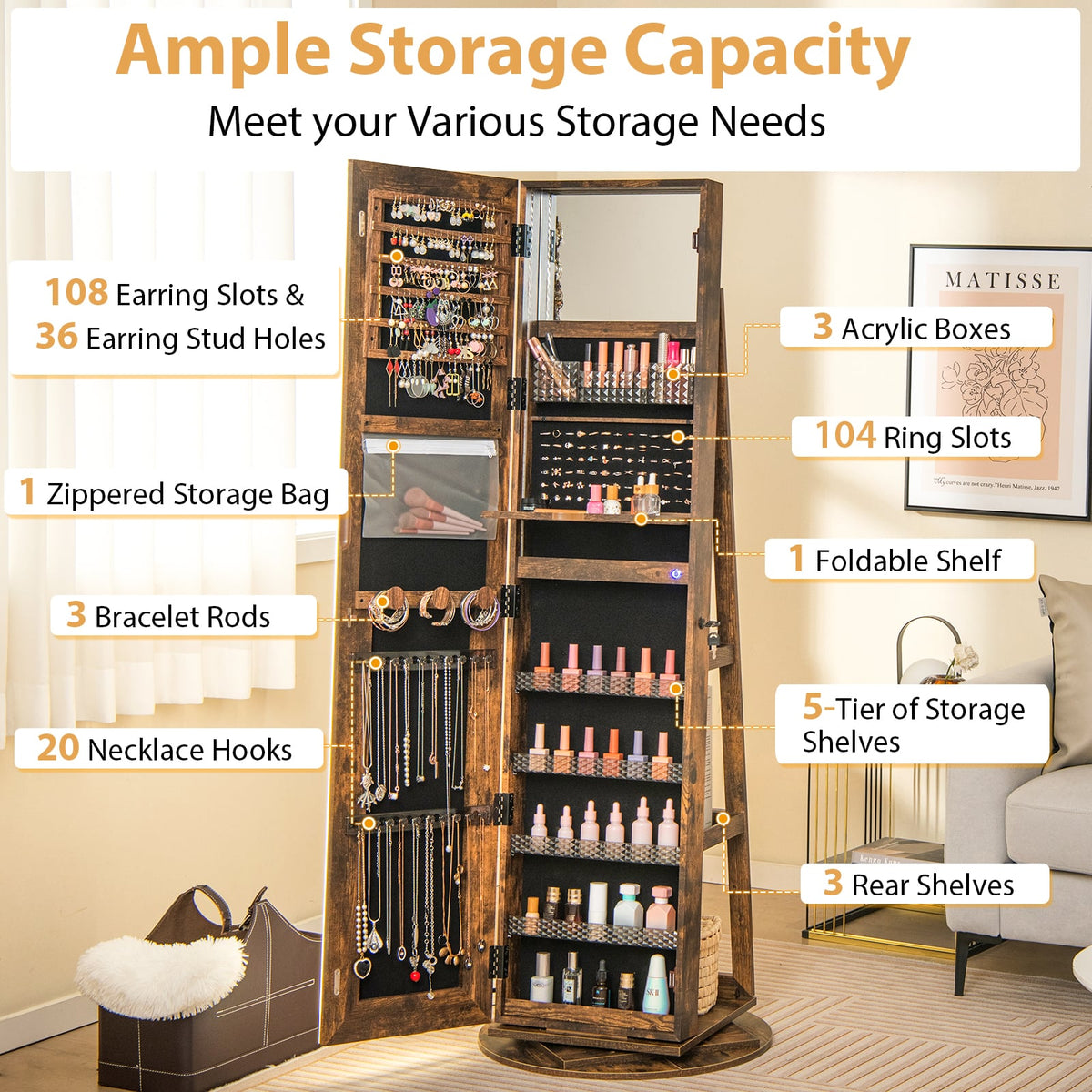 Standing Jewelry Cabinet with Adjustable LED Lights-Coffee-Jewelry Armoires-DECOROLALA