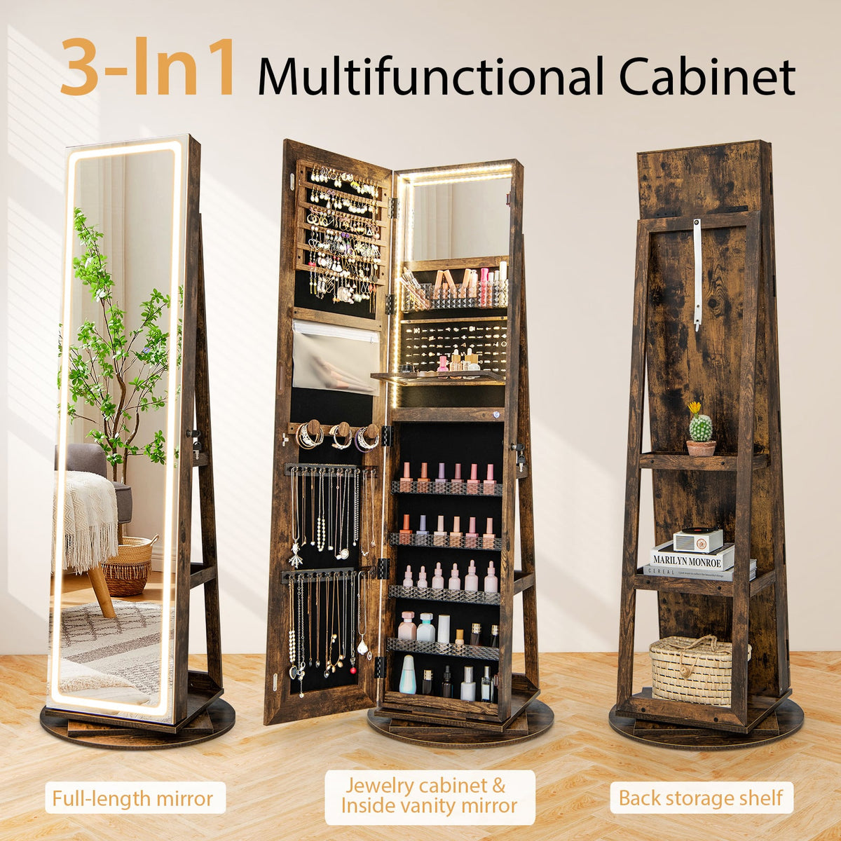 Standing Jewelry Cabinet with Adjustable LED Lights-Coffee-Jewelry Armoires-DECOROLALA