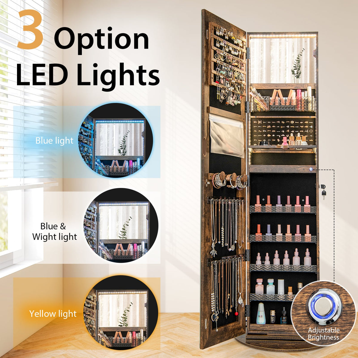 Standing Jewelry Cabinet with Adjustable LED Lights-Coffee-Jewelry Armoires-DECOROLALA