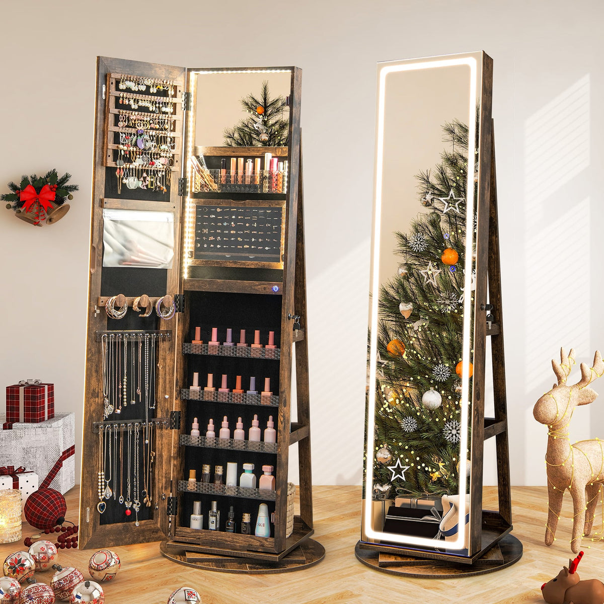 Standing Jewelry Cabinet with Adjustable LED Lights-Coffee-Jewelry Armoires-DECOROLALA